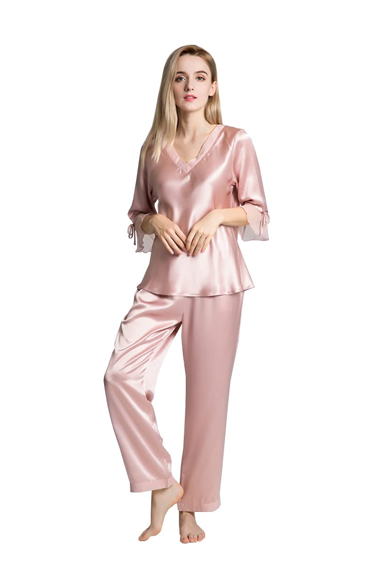 Orose Women's 100% Pure Mulberry Silk Pajama Set - V-Neck 3/4 Sleeve Sleepwear for Ladies | Soft & Breathable Nightwear for Relaxation, Travel & Special Occasions