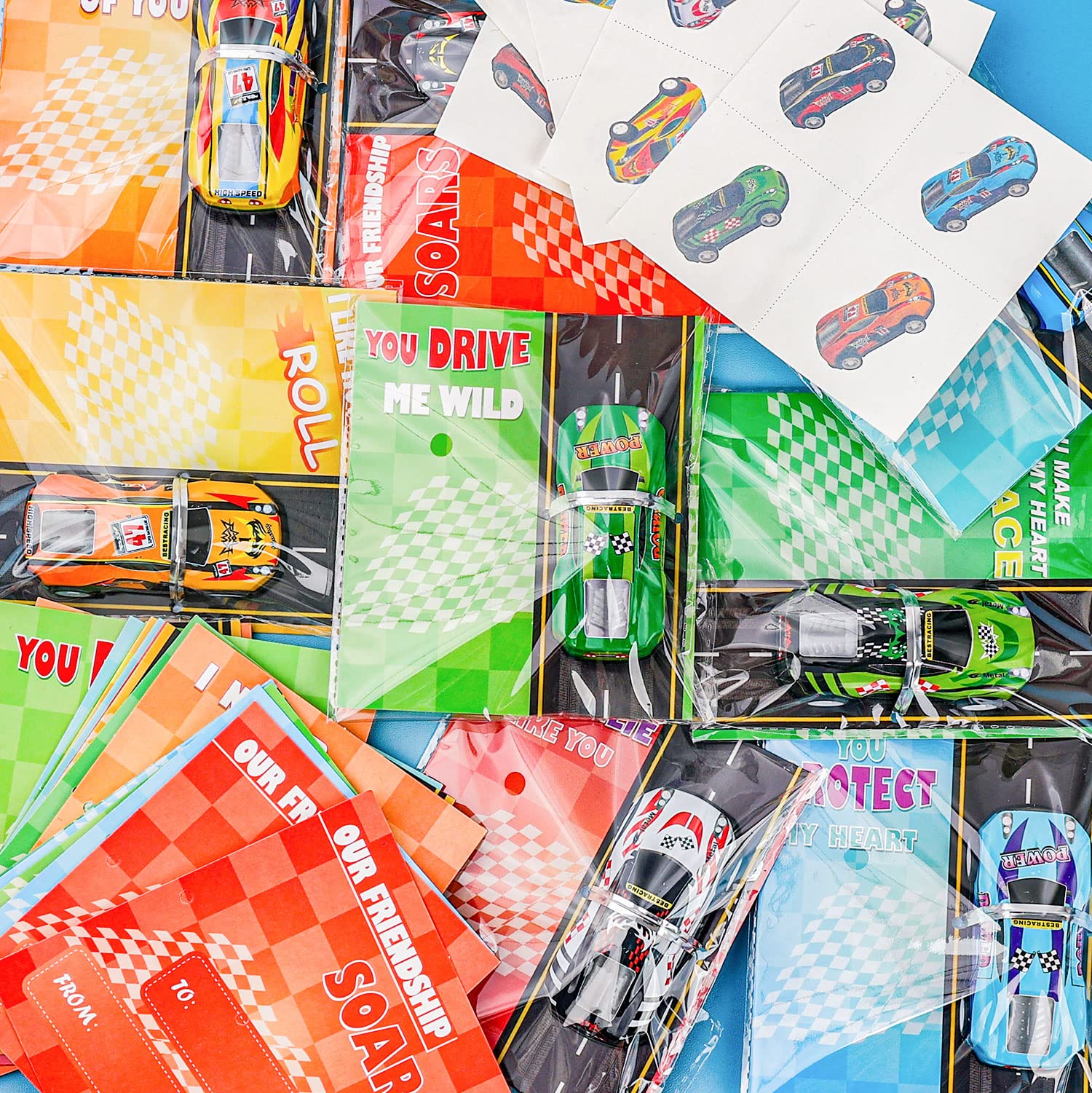 32 Pack Race Cars Valentines Day Cards for Kids with Pull Back Toy Cars & Temporary Tattoos - Classroom Valentine Exchange Gifts for Boys, School Party Supplies - Perfect for Valentine's Day Celebrations and Classroom Activities