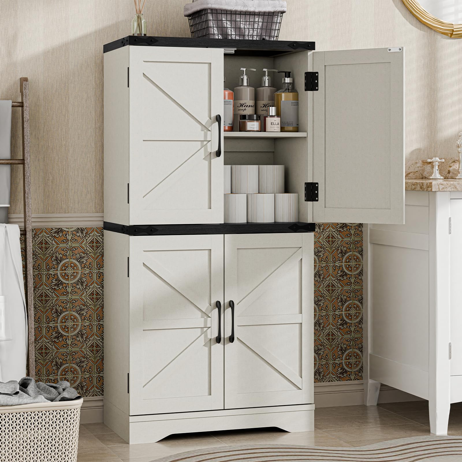 Rustic Farmhouse Bathroom Floor Storage Cabinet with Adjustable Shelves - Organizer for Bathroom, Kitchen & Living Room - Perfect for Small Space Storage and Home Decor
