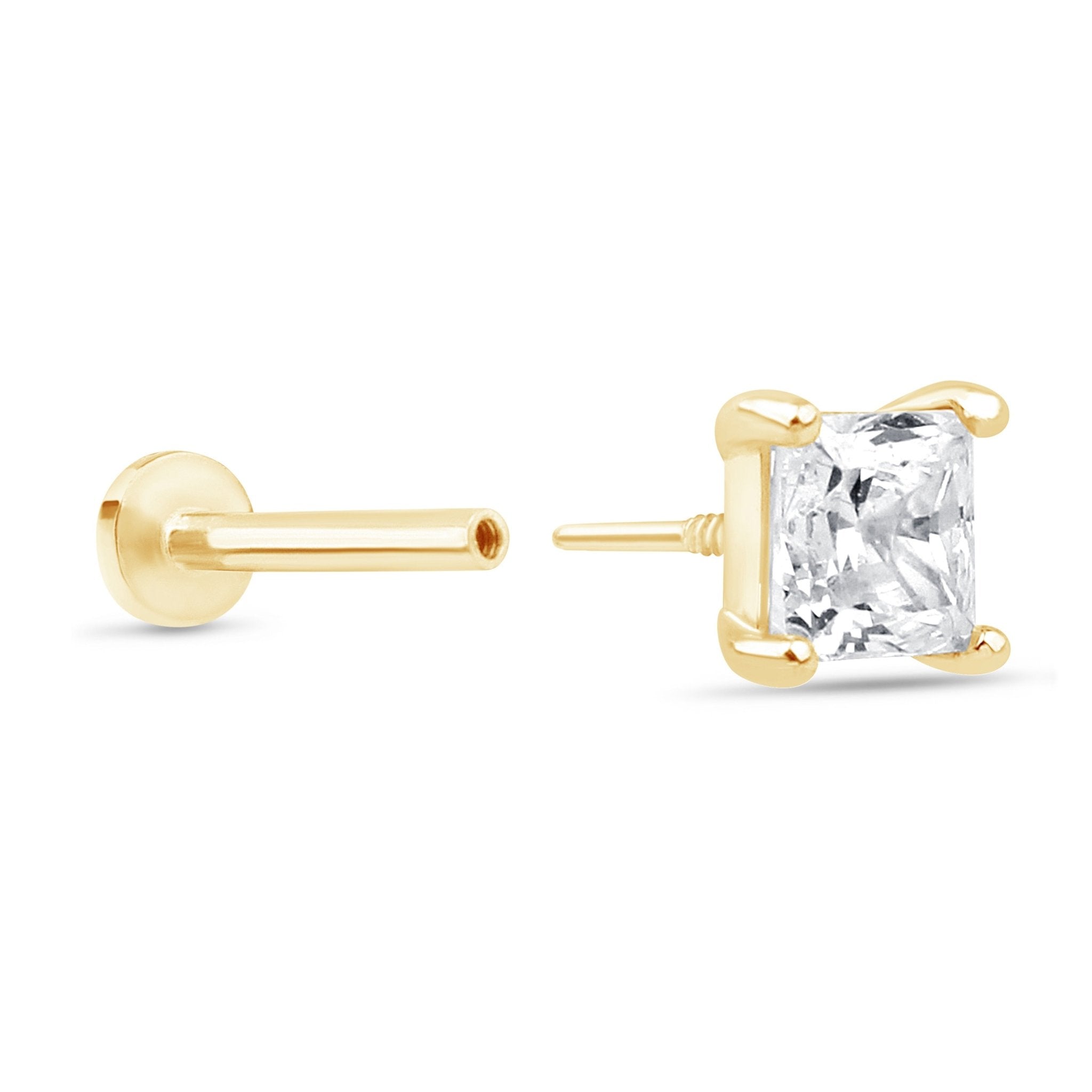14k Yellow Gold Princess Cut Cubic Zirconia Flat Back Stud Earrings - Perfect for Weddings, Parties & Everyday Elegance