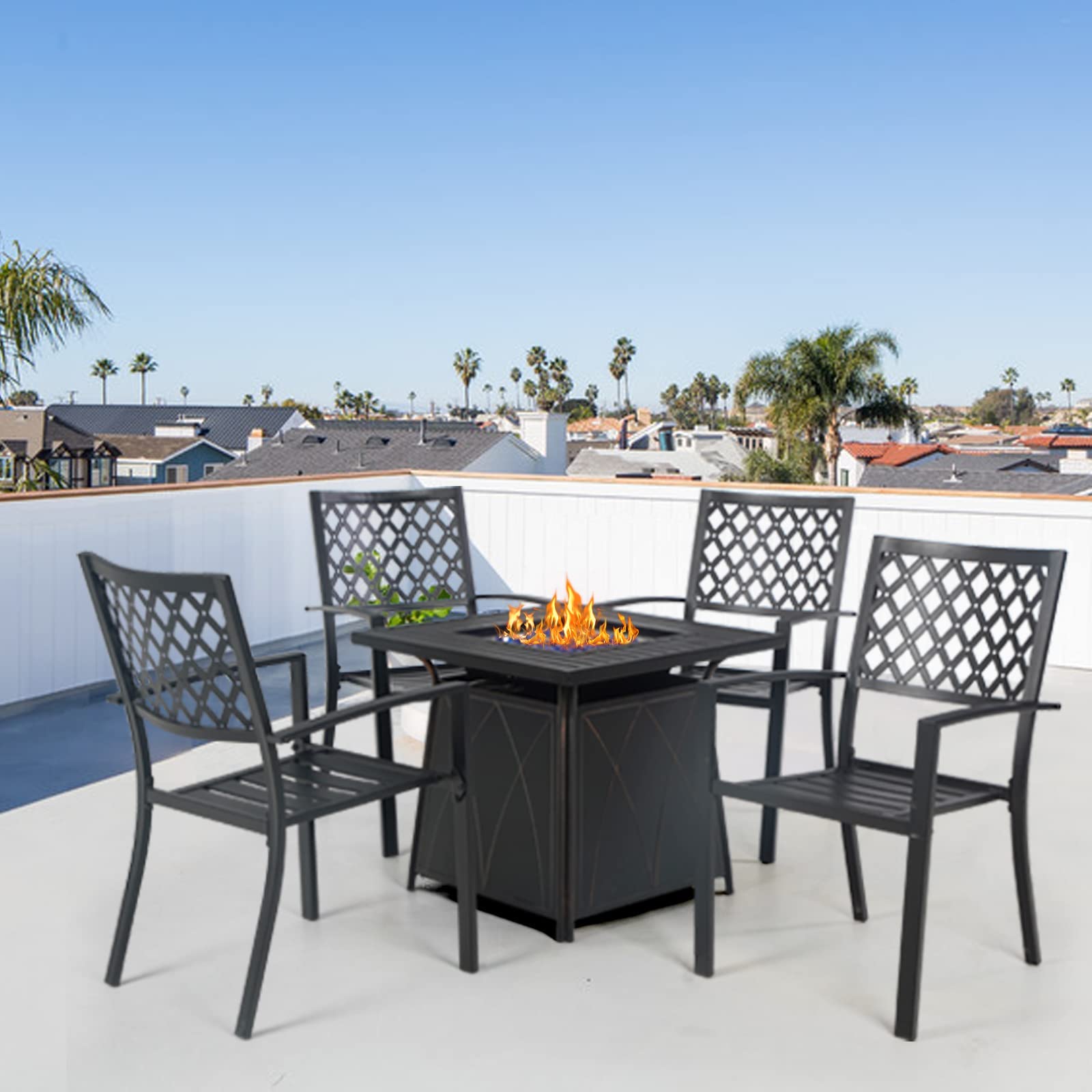 Sophia & William 5-Piece Outdoor Dining Set - Metal Patio Table with Gas Fire Pit & 4 Stackable Chairs (Black) - Perfect for Backyard BBQs, Garden Parties & Cozy Evenings