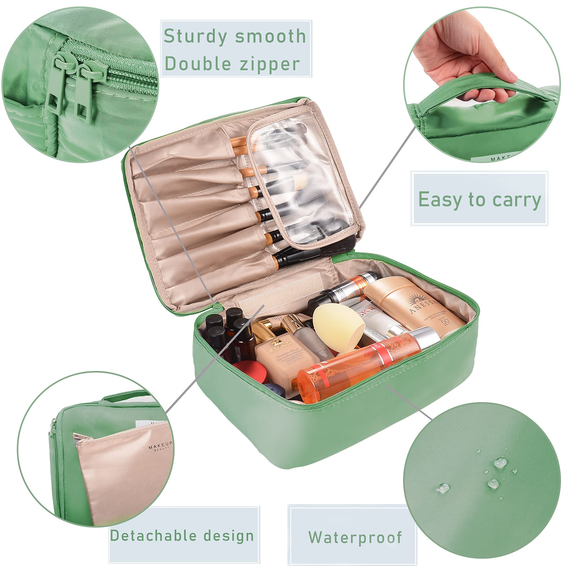 EXGOX Large Waterproof Makeup Bag for Women - Travel Cosmetic Organizer with Brush Holder, Reusable Toiletry Bag for Makeup Brushes & Cosmetics (Green) | Perfect for Travel, Gym, Beach & Daily Use