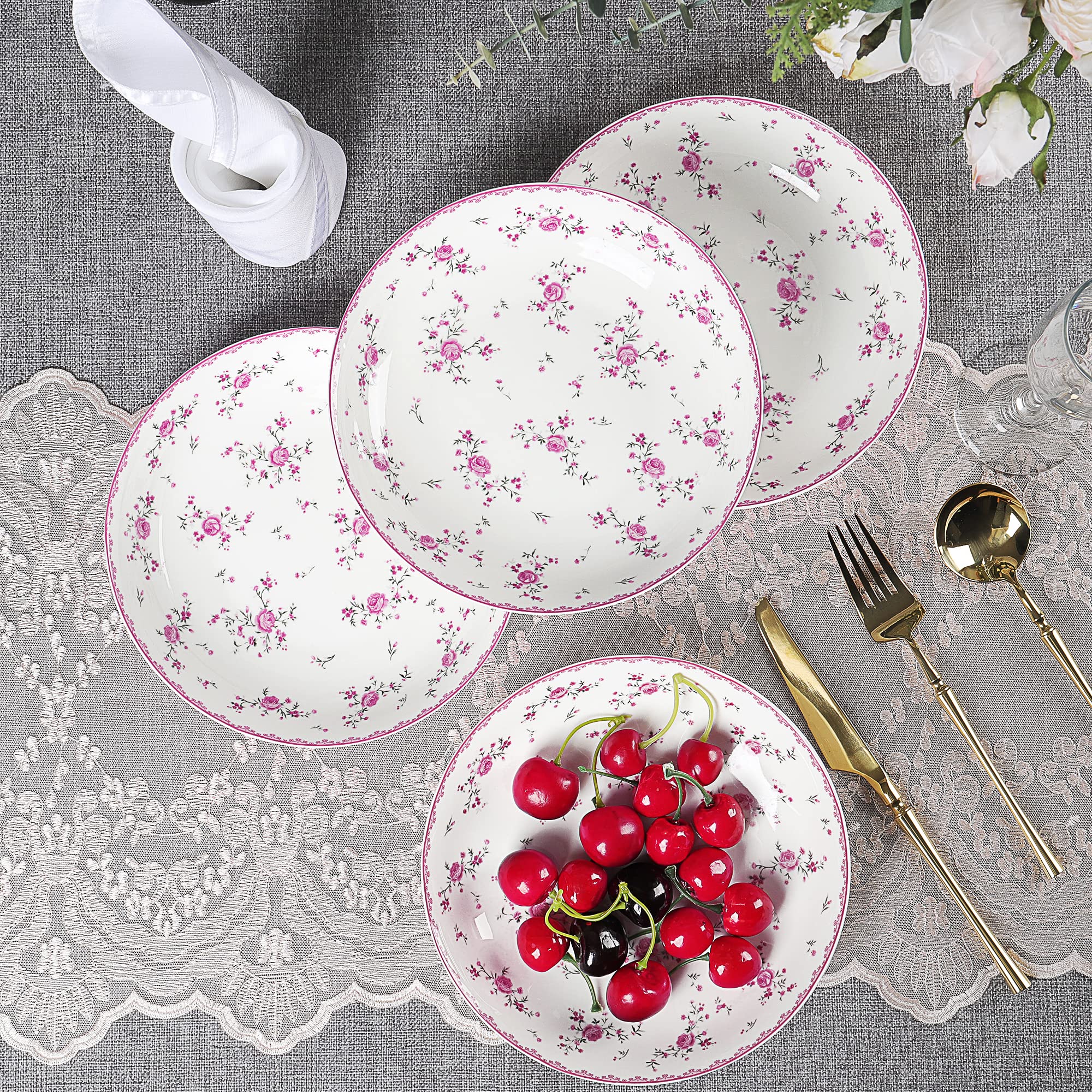 Fanquare 8-Inch Porcelain Salad Bowls Set of 4, Round Floral Dinner Plates for Soup, Pasta, Dessert & Fruit - Perfect for Family Dinners, Parties & Restaurant Serving