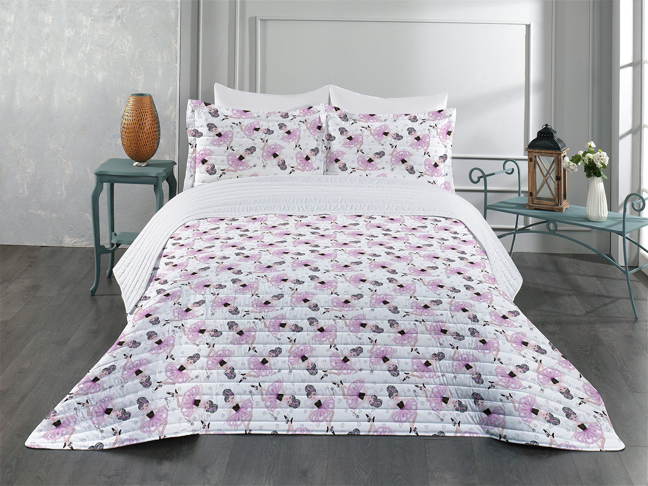Ambesonne Ballet Themed Microfiber Bedspread Set - Ballerina Character Design with Magic Wand, Soft Cartoon Pattern Fantasy Art Print, Queen Size Bedding Set with Comforter & Pillow Shams in Peach Pink White | Perfect for Girls' Bedroom, Ballet Themed Decor, Gift for Dancers