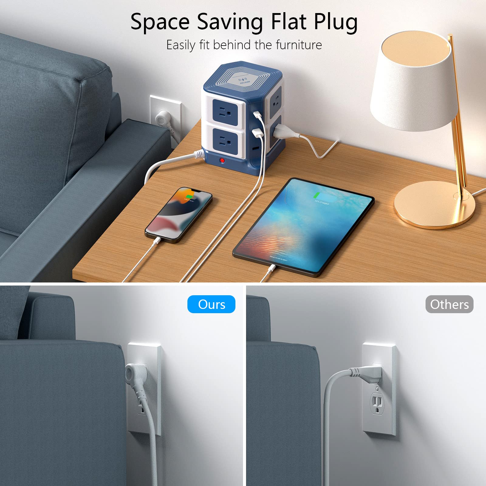 BESTEK 20W USB C Power Strip with Wireless Charger - 8-Outlet Surge Protector, 30W 3-Port USB Charging Station, 4000 Joules, ETL Certified - Ideal for Dorm Rooms, Offices, and Home Use (8AC+3USB+Wireless Charger, Blue)