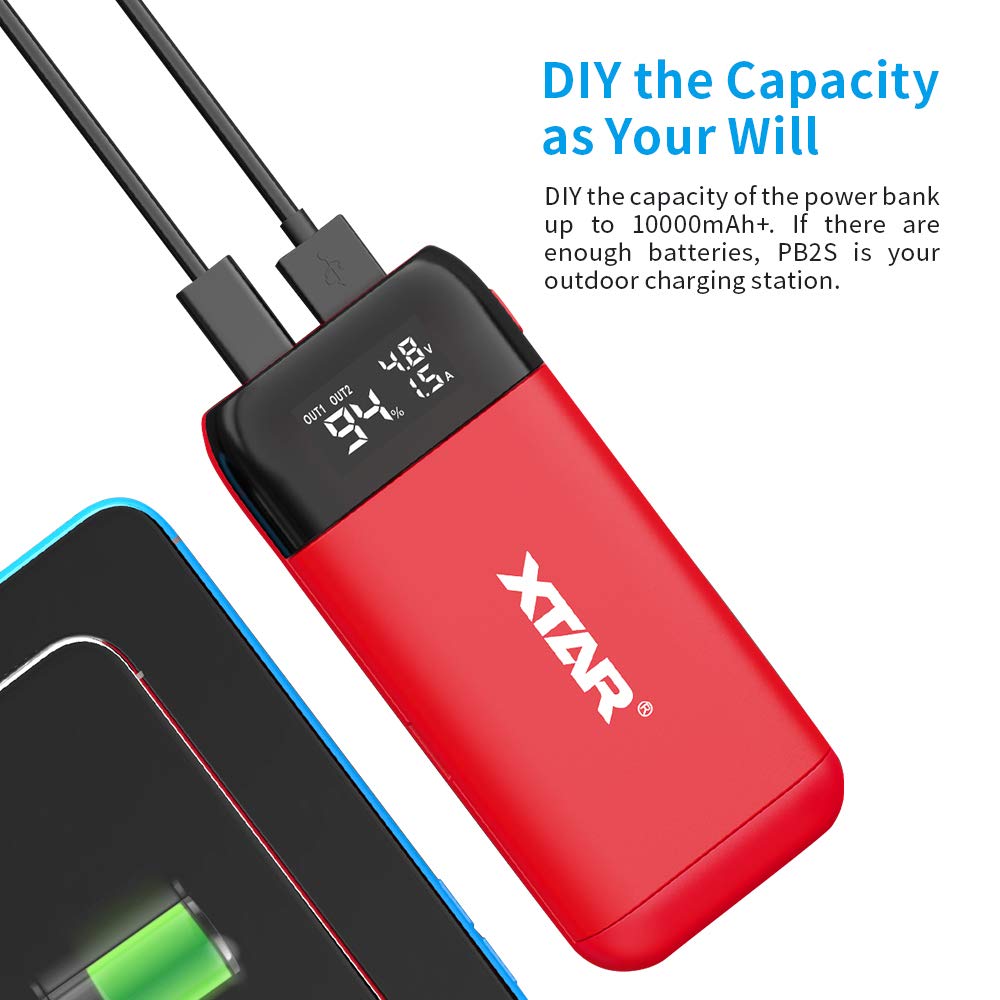 XTAR PB2S USB-C 18650 Battery Charger with USB Output - Portable Li-ion Charger for 18650/21700 Batteries (Red, Batteries Not Included) - Perfect for Vaping, Flashlights & Outdoor Gear Charging