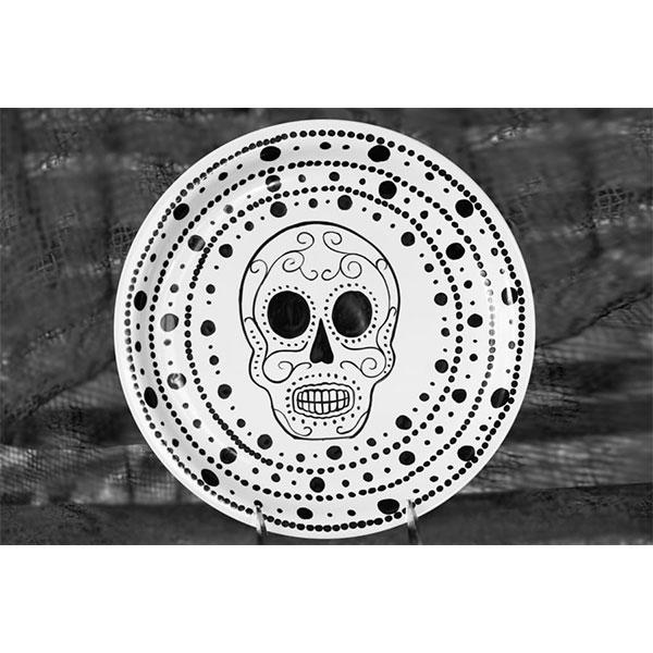 Skull with Dots Ceramic Dinner Plate - Day of the Dead Themed Dishware for Halloween, Dia de los Muertos Celebrations & Gothic Home Decor