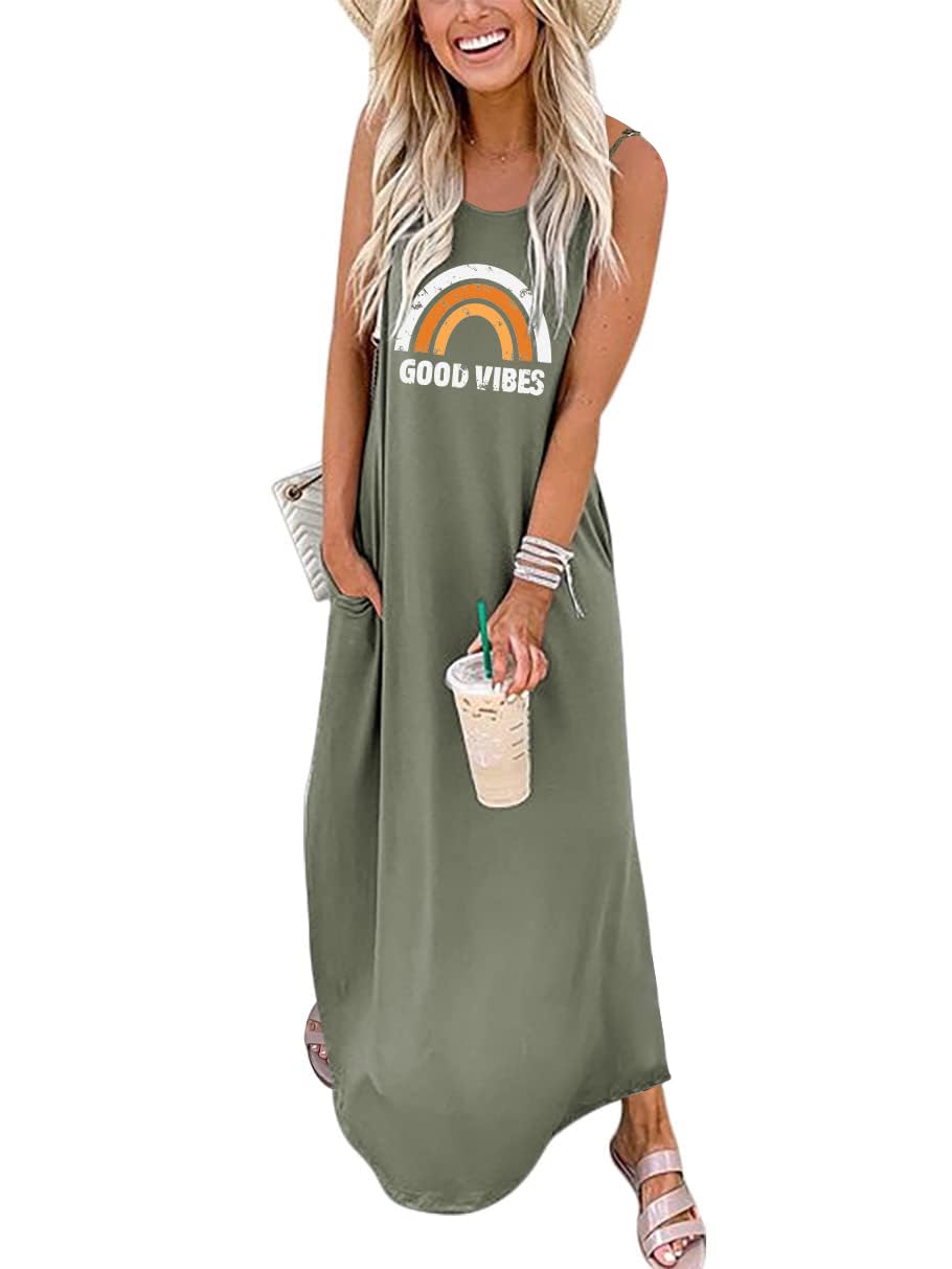 Supnier Women's Summer Maxi Dress - Casual V-Neck Sleeveless Bohemian Floral Long Dress with Pockets | Beach Wedding, Vacation, Party Wear