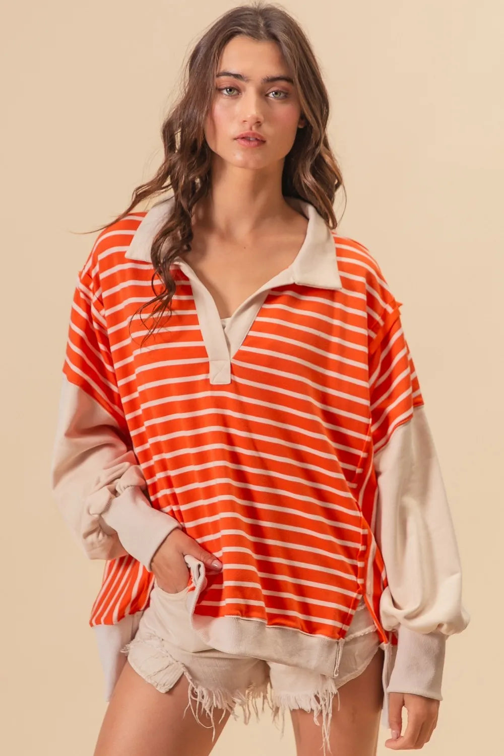 BiBi Stripe Knit Loose Fit T-Shirt with Cut Edge Detail - Casual Women's Top for Everyday Wear, Outings & Layering