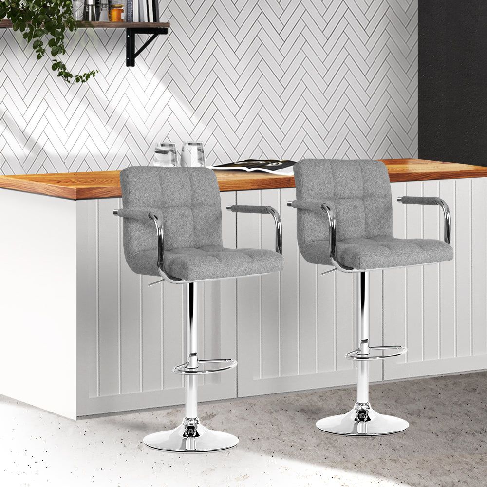 2-Pack Grey Fabric Bar Stools with Gas Lift and Armrests - Perfect for Kitchen Islands, Breakfast Bars, and Home Bars