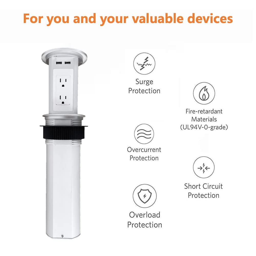 ZESHAN Pop Up Outlet with Wireless Charger - 4 AC Outlets & 2 USB C Ports - 1.8M Extension Cord for Kitchen Countertop, Office Desk, Bedroom - Smart Space-Saving Power Strip (Silver)