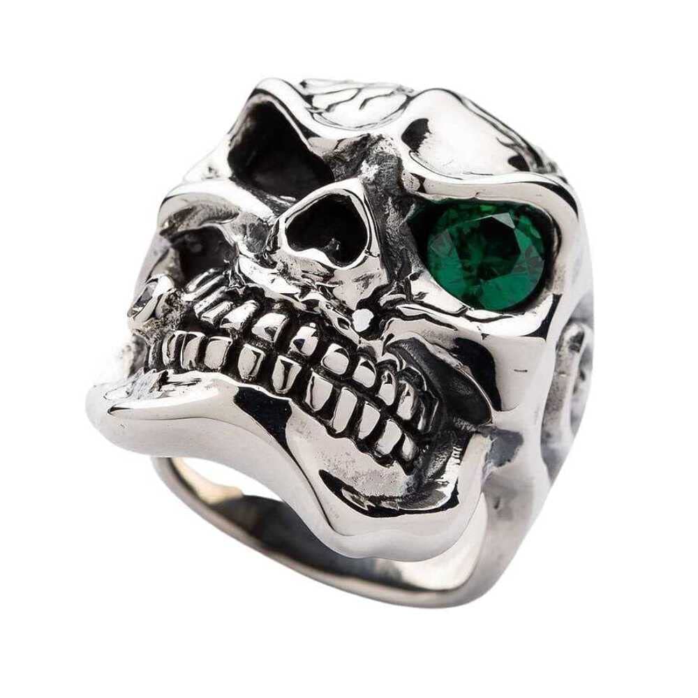 Bikerringshop 925 Sterling Silver Men's Skull Ring with Emerald Eyes - Gothic Jewelry for Bikers, Rockers & Punk Fashion Lovers