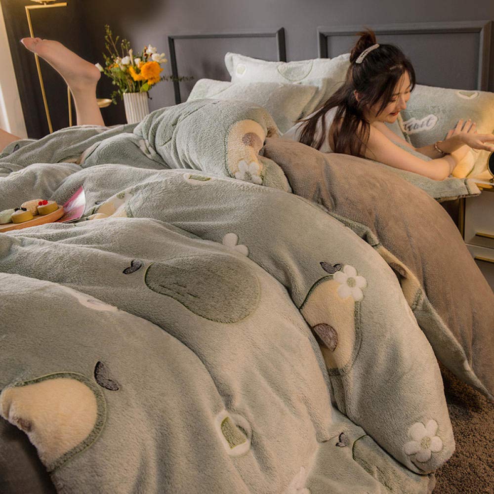 Premium Winter Bedding Set - Thickened Milk Coral Fleece 4-Piece Duvet Cover with Double-Sided Flannel & Plush Linen (1.8m/Queen Size, Avocado Green) - Cozy Warm Bedding for Cold Nights, Perfect for Master Bedroom & Guest Room