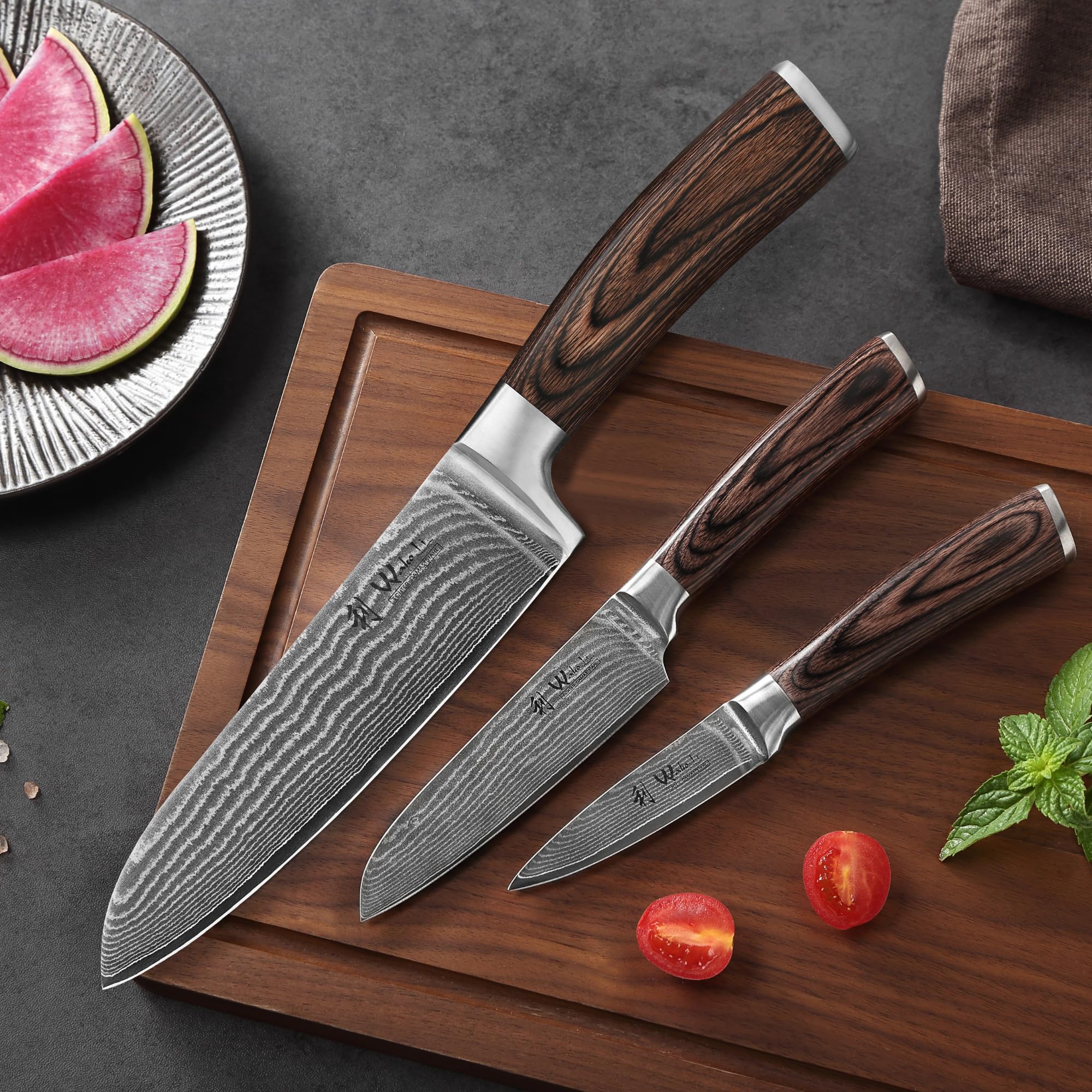 Wakoli Edib Damascus Knife Set 3PCS - Professional Chef Knives Japanese VG10 Steel with Pakkawood Handle, Kitchen Knife Set for Slicing, Dicing & Chopping | Perfect for Home Chefs & Culinary Enthusiasts | Elegant Wooden Gift Box
