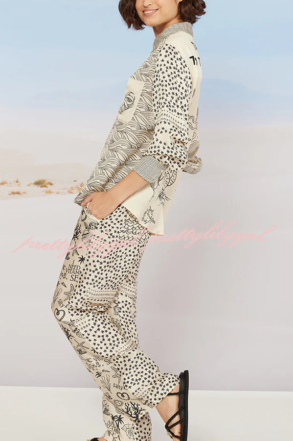 Take Me To The Ocean Print Women's Long Sleeve Satin Shirt & Elastic Waist Pocket Pants Set - Beach Vacation Outfit, Cruise Wear, Boho Chic Loungewear