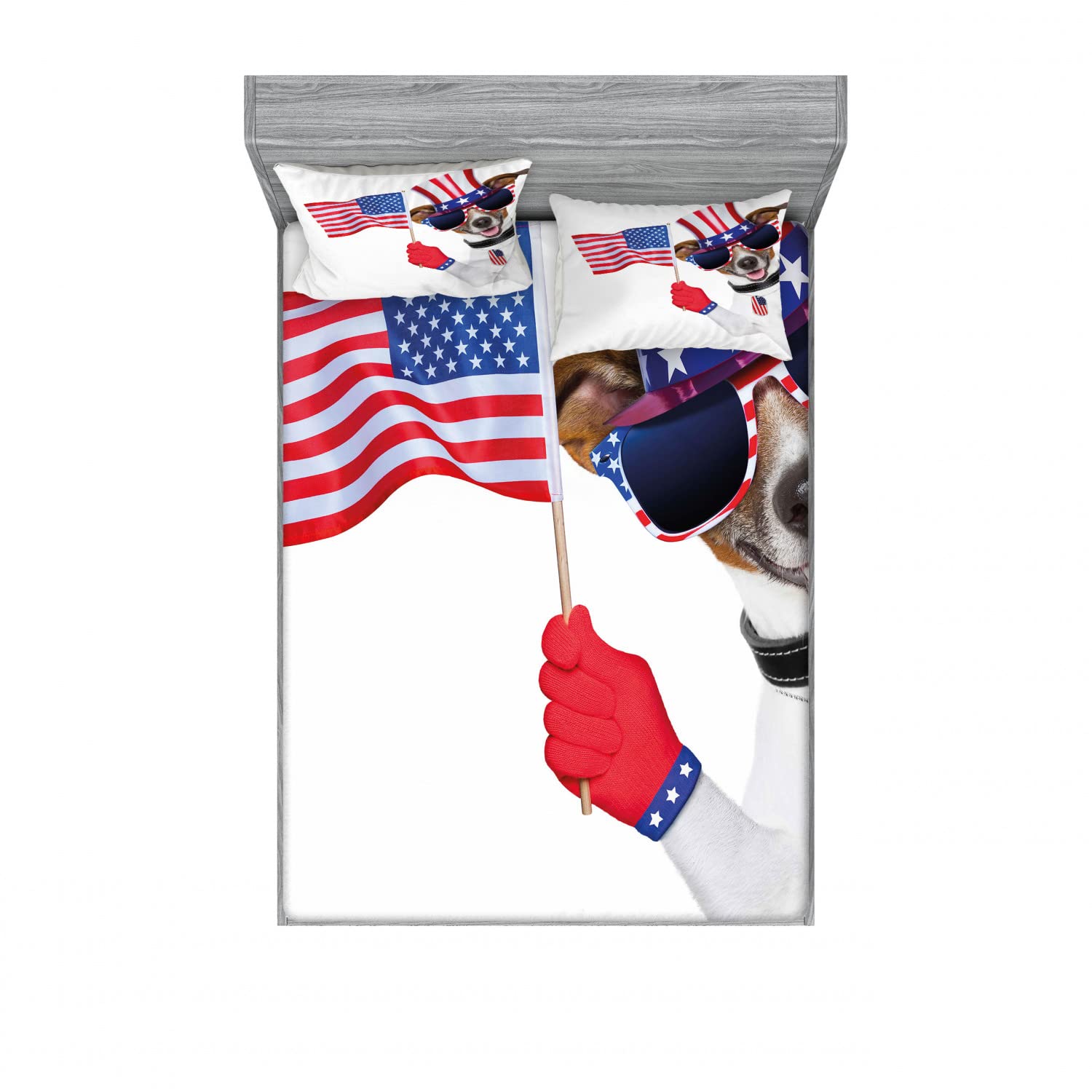 Ambesonne 4th of July 2-Pack Queen Size Fitted Sheet & Pillow Sham Set - Patriotic Pet Dog Design, 4-Piece Bedding Decor (2 Fitted Sheets & 4 Pillow Covers) - Vibrant Multicolor - Perfect for Independence Day Decor, Dog Lover Gifts & Themed Bedroom Makeovers