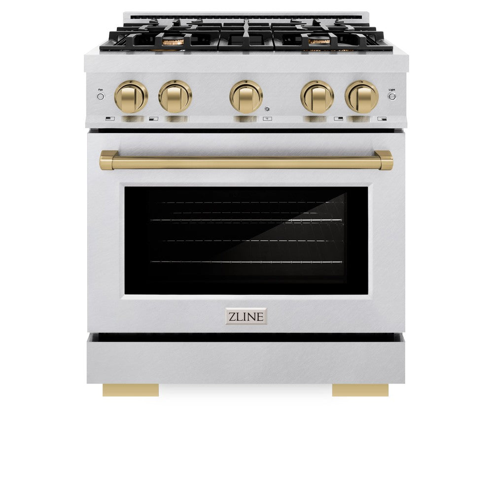 ZLINE Autograph Edition 30 Inch 4.2 Cu. Ft. Gas Range with 4 Burner Cooktop & Convection Oven - Satin Stainless Steel with Champagne Bronze Accents (HGRSZ 30 CB) | Professional Kitchen Appliance for Home Chefs & Cooking Enthusiasts