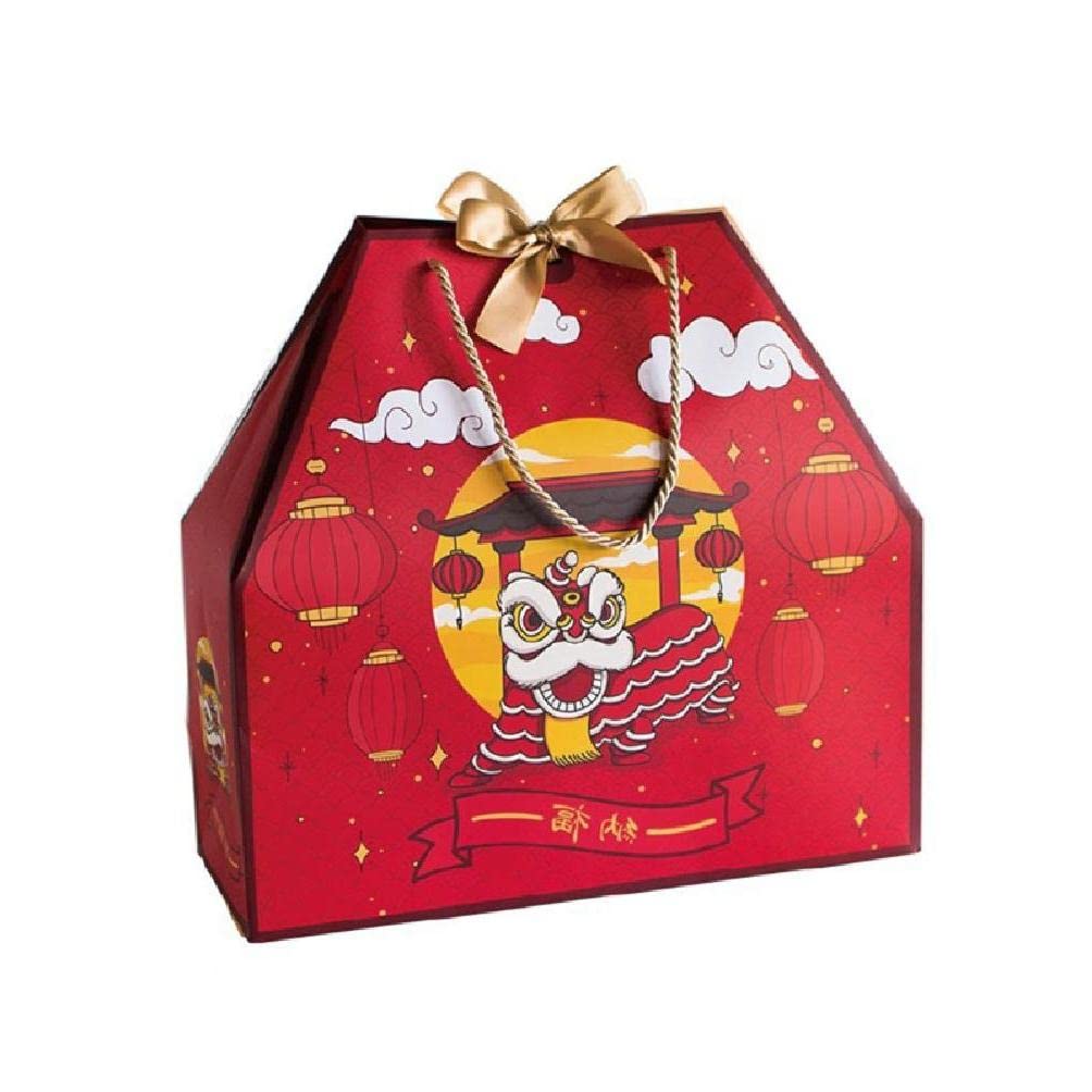 Chinese New Year Lucky Gift Box with Handle - Red Ribbon Bow Holiday Packaging, Candy Paper Bag for Gifts, Party Favors & Festive Celebrations - Perfect for Lunar New Year, Christmas, Birthdays & Special Occasions