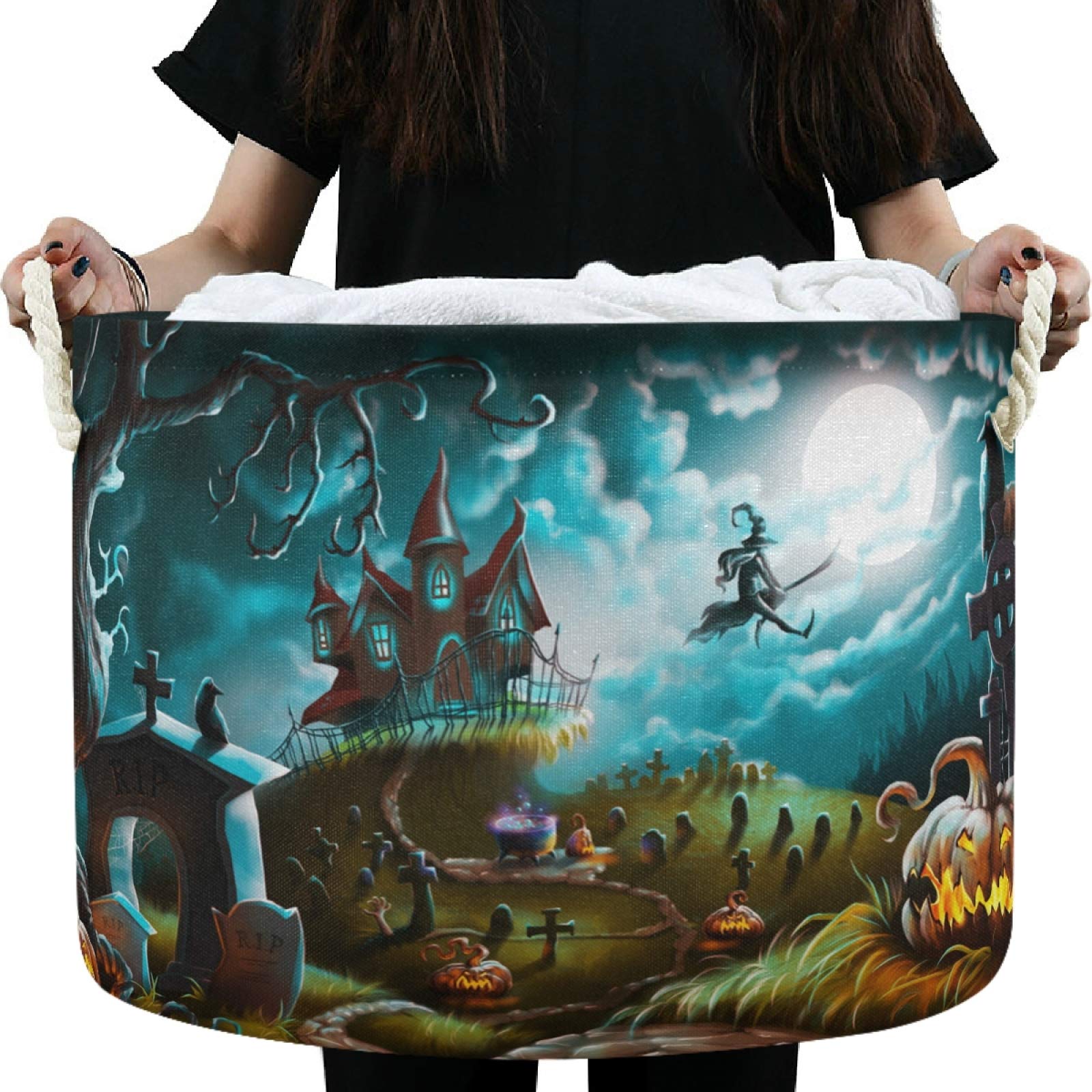 Visesunny Halloween Themed Storage Basket - Graveyard Illustration Canvas Fabric Toy Organizer Bin for Kids Room, Playroom & Shelves | Perfect for Halloween Decor, Toy Storage & Laundry Organization