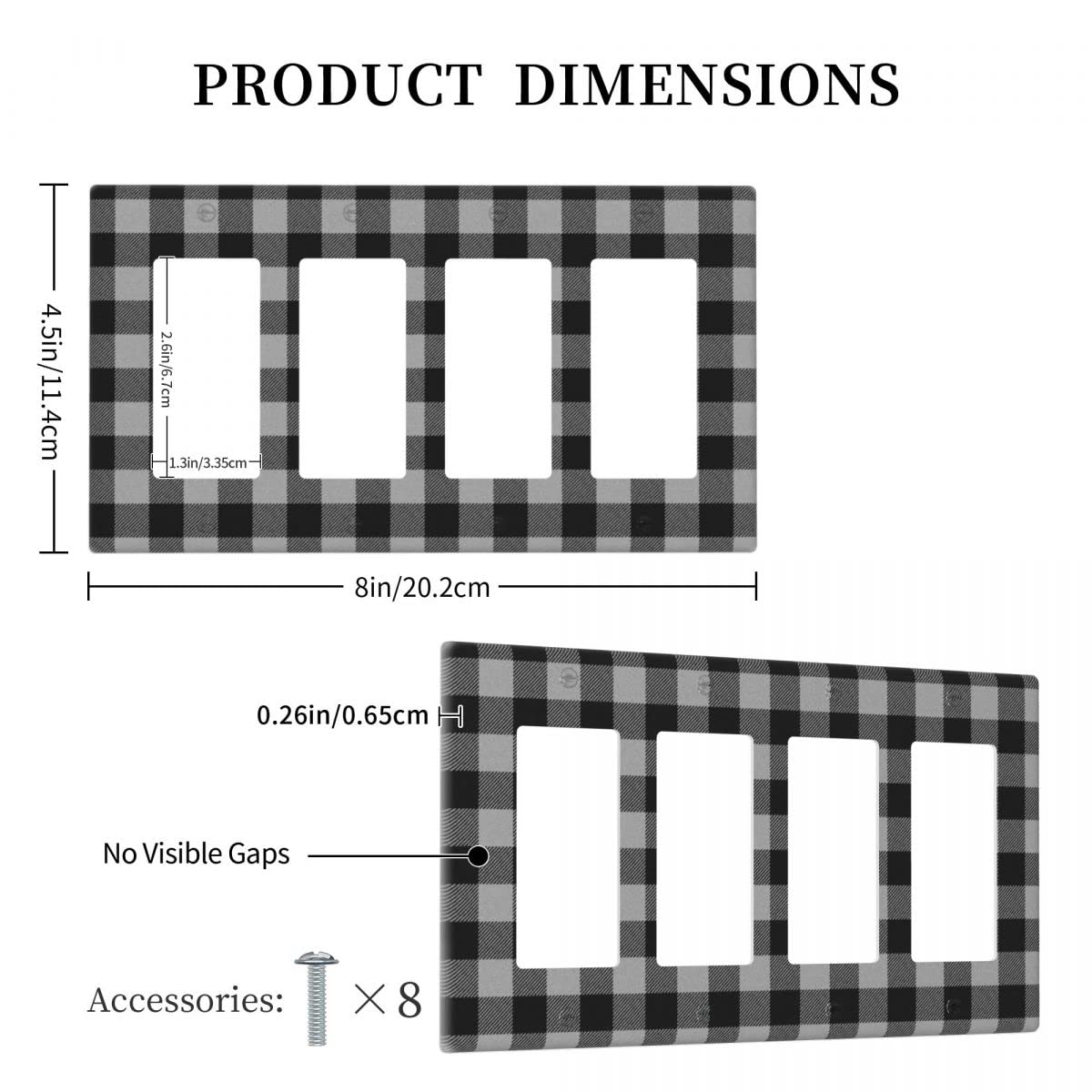 Black and White Buffalo Plaid 4-Gang Rocker Light Switch Cover - Decorative Quad Wall Plate for Outlets & Switches (4.5