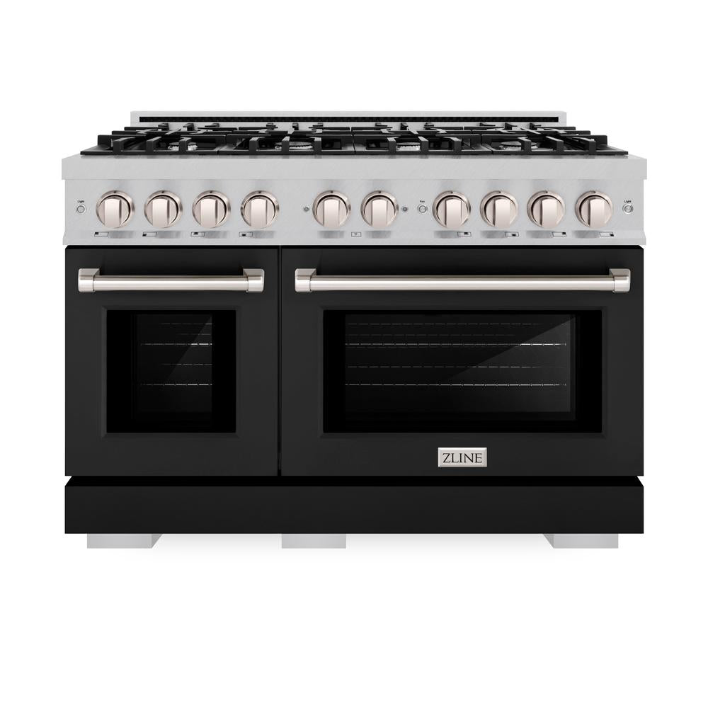 ZLINE 48-Inch 6.7 cu. ft. Dual Fuel Range with 8-Burner Gas Cooktop & Double Oven - Satin Stainless Steel with Black Matte Doors (HDRS BLM 48) - Perfect for Large Kitchens, Home Chefs & Entertaining