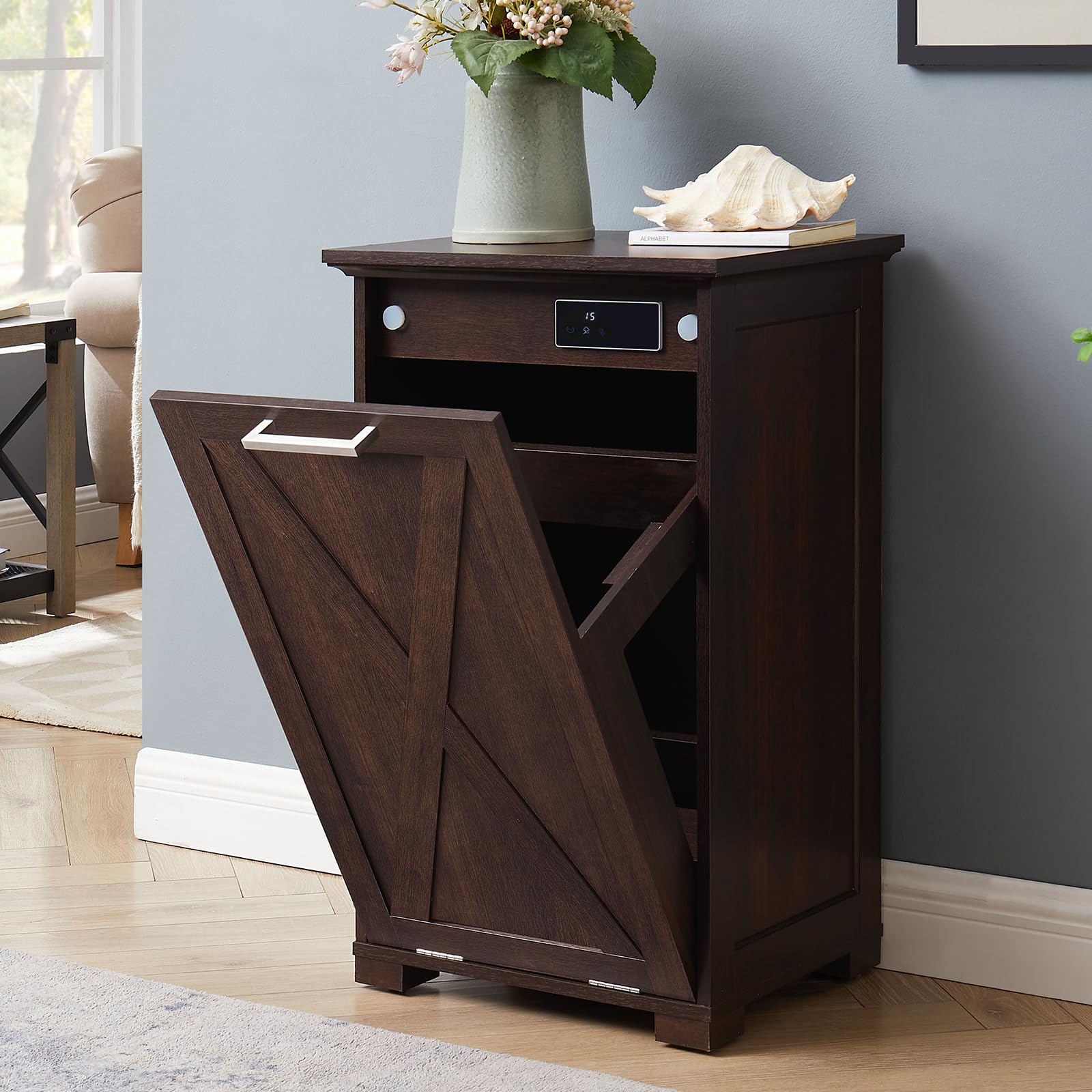 10-Gallon Pull-Out Trash Can Cabinet with Deodorizer - Tilt Out Recycling Garbage Bin with Spacious Wood Top (Espresso) - Perfect for Kitchen, Bedroom, Laundry Room Organization & Waste Management