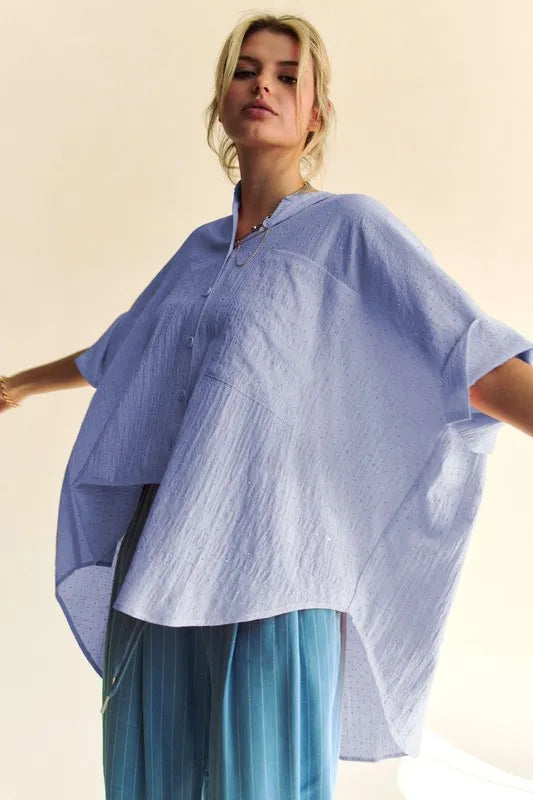 Sparkling Rhinestone Pleated Back Short Sleeve Blouse for Women | Elegant Party Top | Perfect for Night Out, Club Wear & Special Occasions