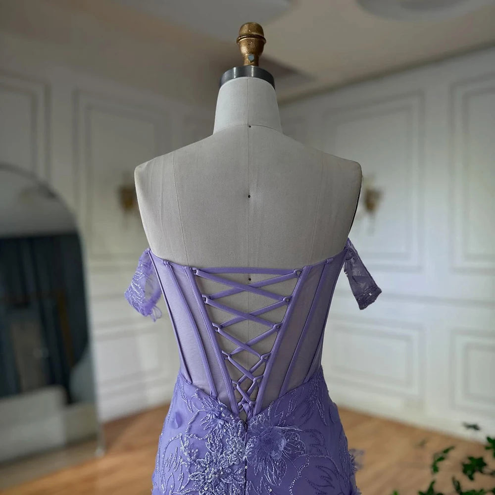 Luxury Dubai Lilac Off Shoulder Corset Beaded High Slit Tulle Saudi Evening Gown - Elegant Formal Dress for Weddings, Galas & Special Occasions LA72874