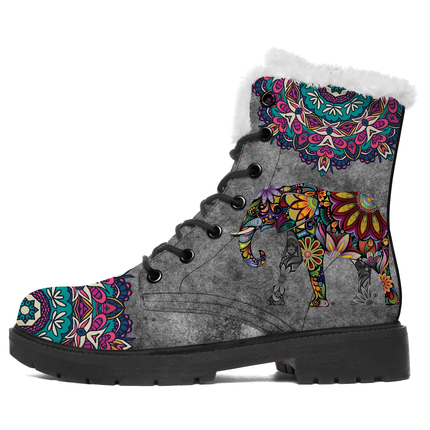 Women's & Girls' Elephant Print Snow Boots - Fur Lined Combat Ankle Boots with Non-Slip Sole - Winter Shoes for Women, Teens & Men - Perfect for Snowy Days, Outdoor Adventures & Casual Wear