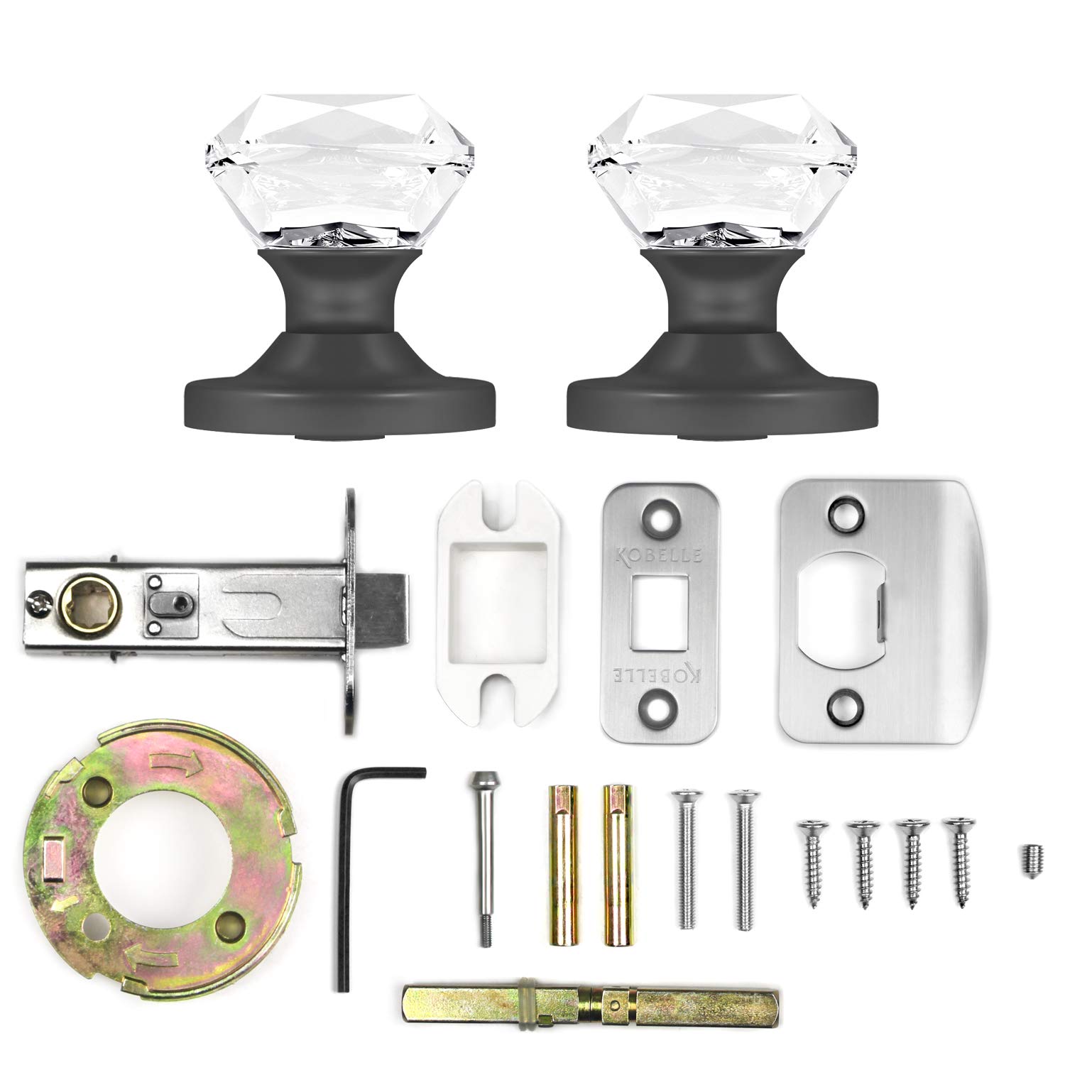 (3 Pack) Dark Grey Privacy Crystal Door Knobs - Elegant Princess Cut Design with Round Rosette for Bedroom, Bathroom & Closet Doors