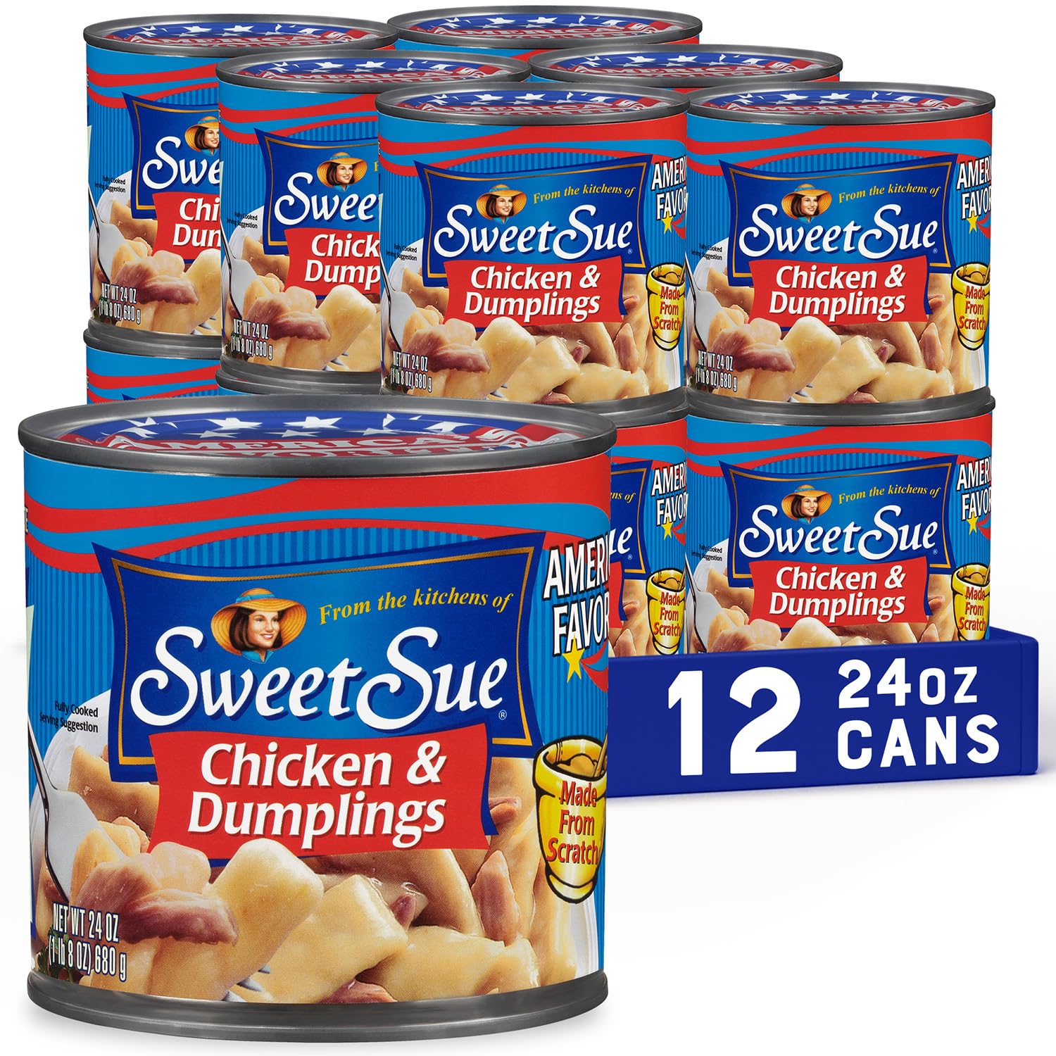 Sweet Sue Chicken & Dumplings, 24 oz Can (Pack of 12) - High Protein Soup (14g per Serving) - Homemade Style, Ready-to-Eat Comfort Food - Perfect for Quick Lunches, Camping & Emergency Meals