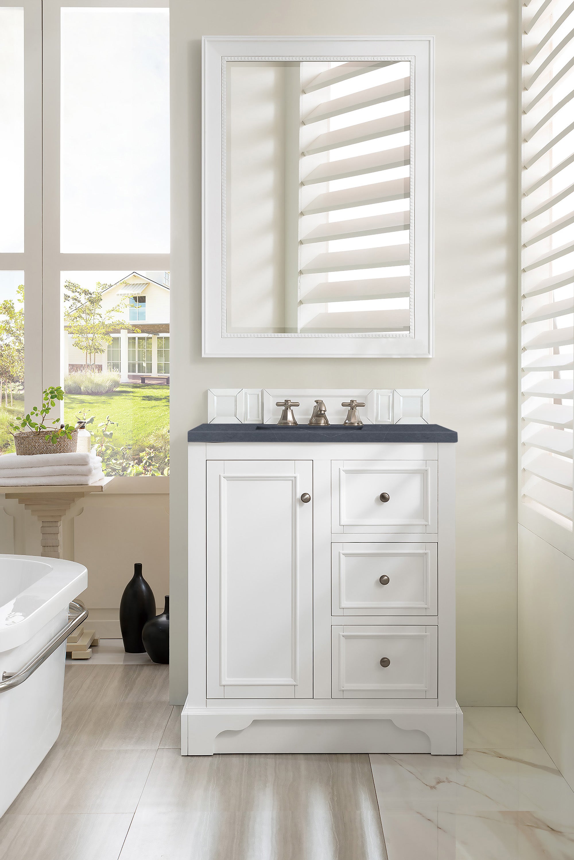 De Soto 30 Inch Single Bathroom Vanity Set with Bright White Finish & 3CM Charcoal Soapstone Quartz Countertop - Perfect for Modern Bathroom Remodeling and Small Space Solutions