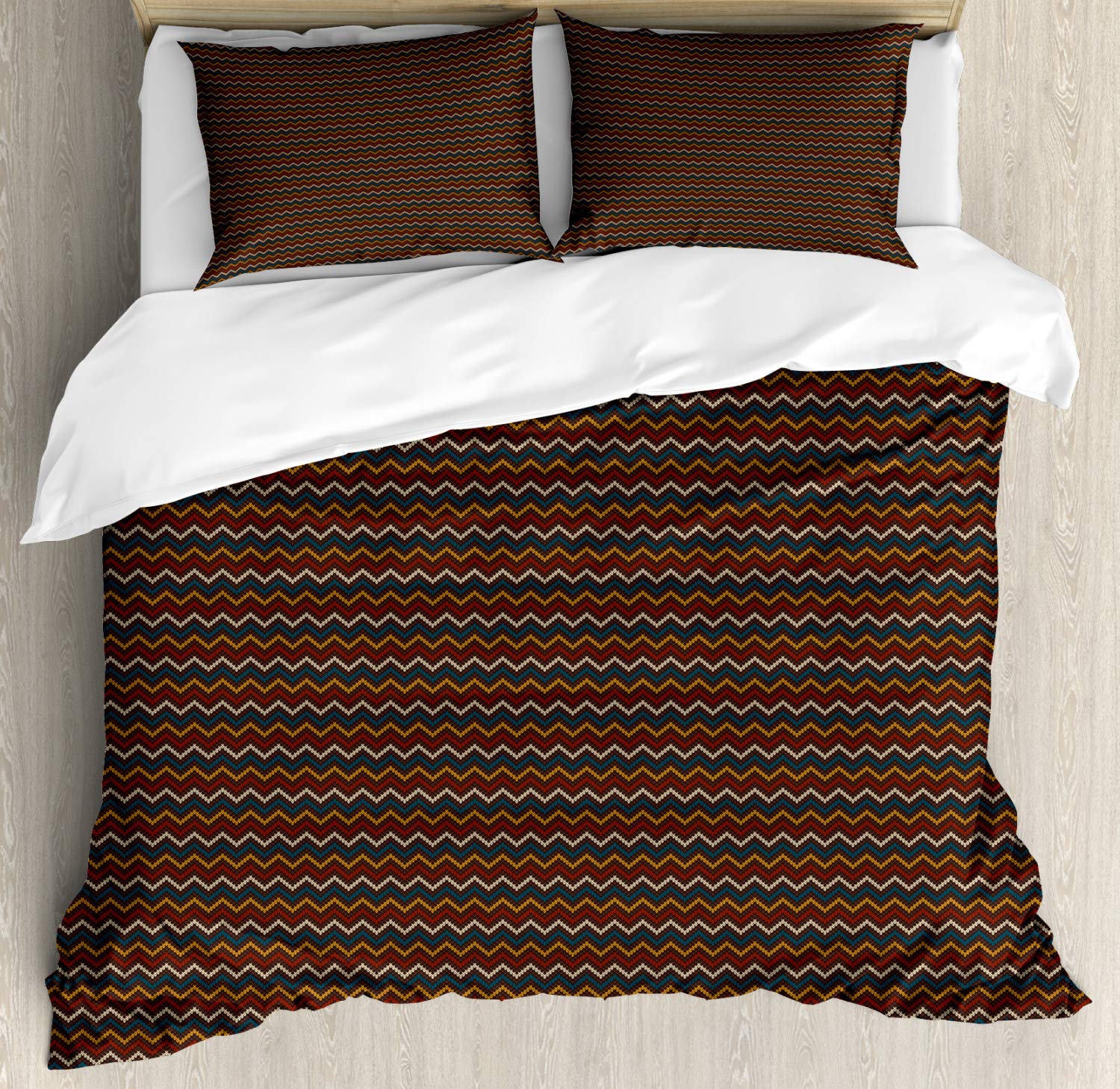 Ambesonne Norwegian Duvet Cover Set - Classic Vintage Chevron Pattern 3-Piece Bedding Set with 2 Pillow Shams, King Size in Brown & Dark Blue | Perfect for Nordic & Scandinavian Style Bedrooms