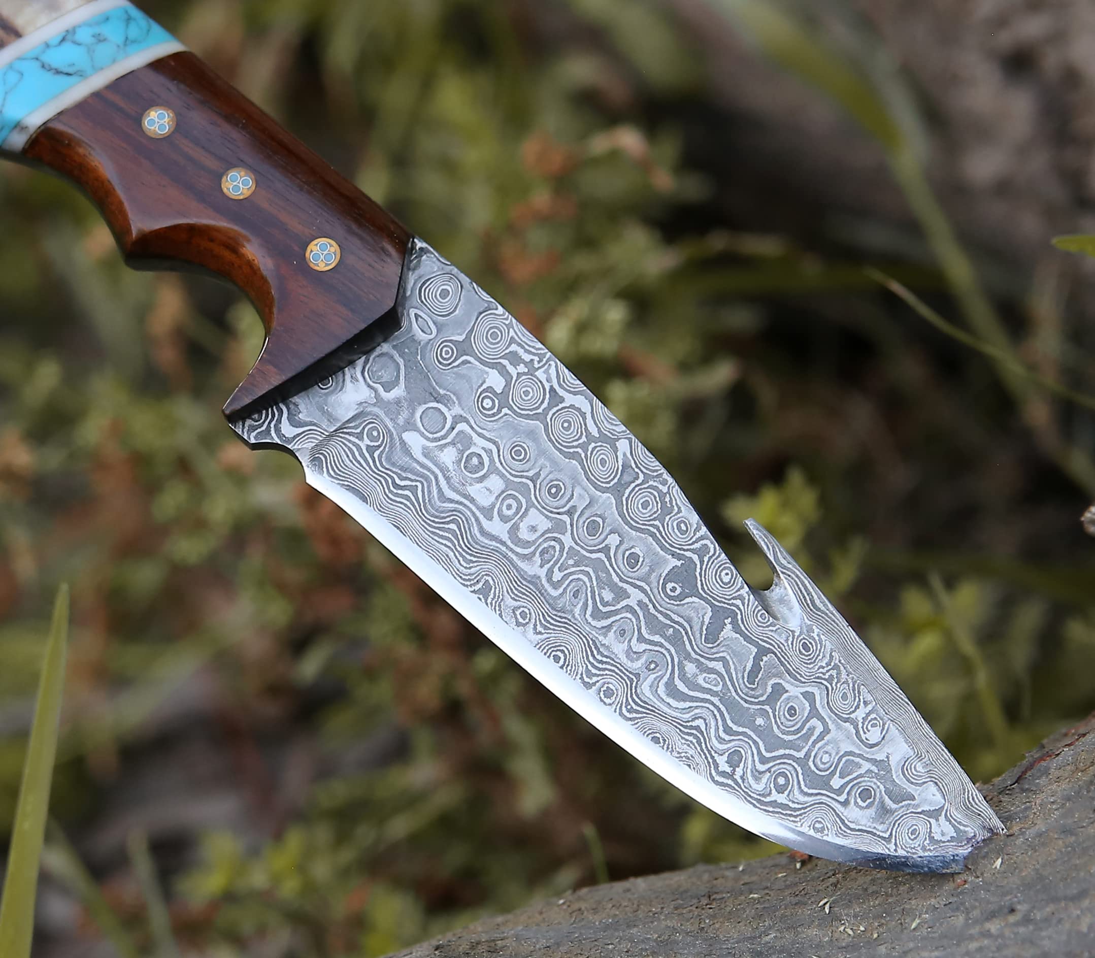 ExoSharp Damascus Gut Hook Hunting Knife - 9.5