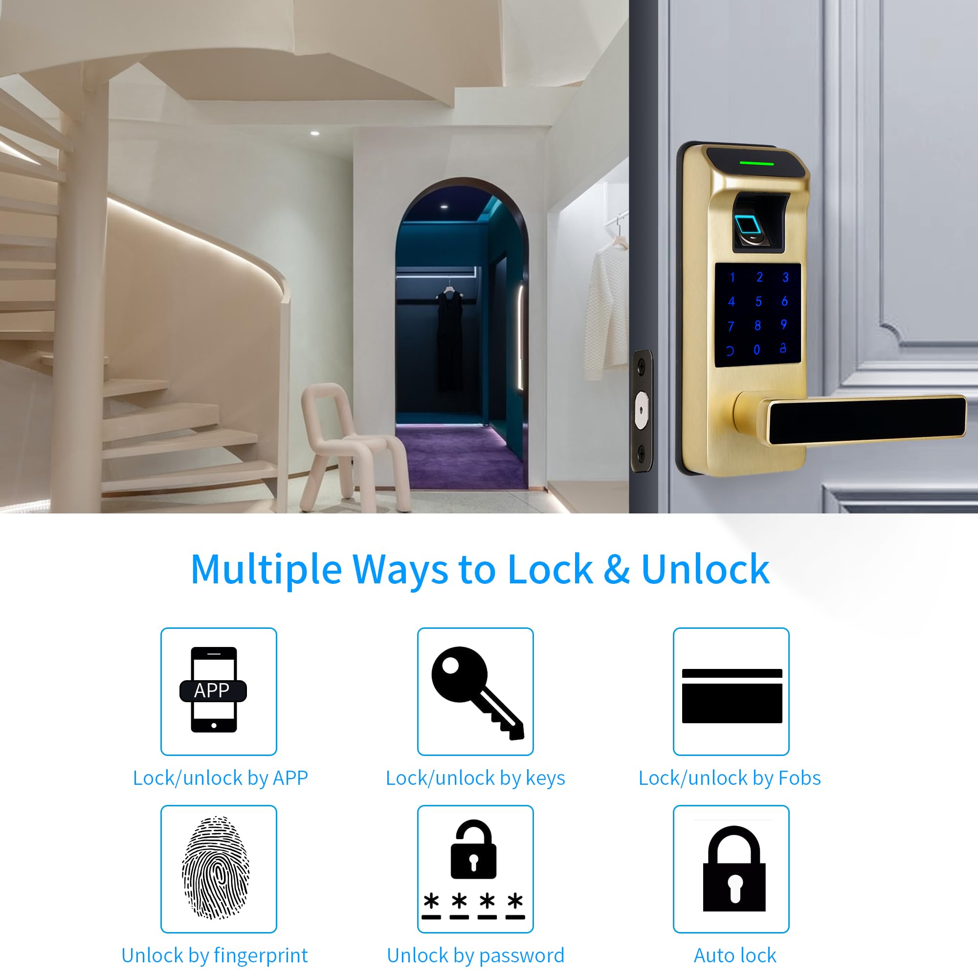 Harfo 5-in-1 Smart Fingerprint Door Lock - Keyless Entry with Touchscreen Keypad, Reversible Handle & Digital Security - Heavy Duty Electronic Keypad Lock for Home & Office (Gold) - Perfect for Modern Smart Homes & Secure Business Entrances