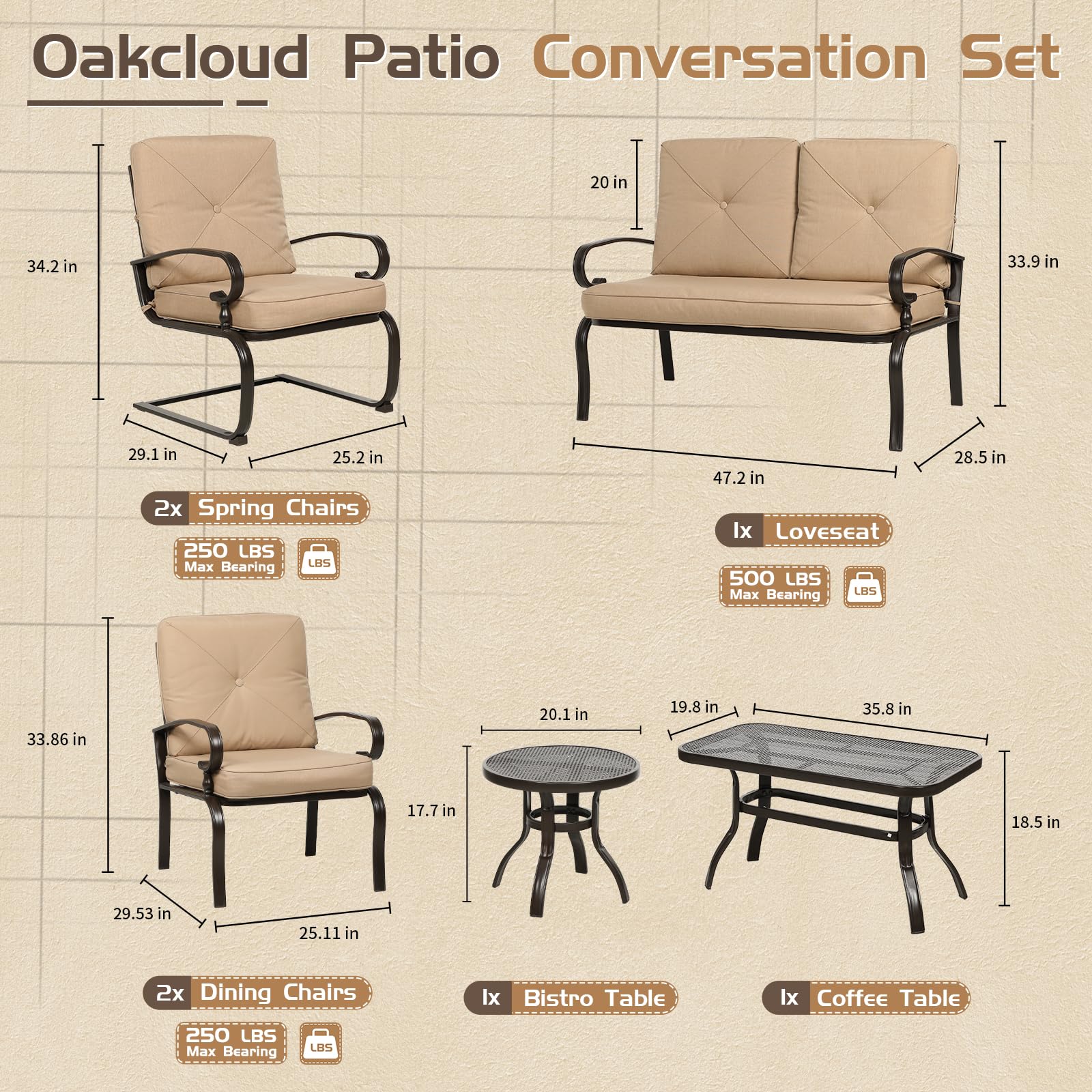 Oakcloud 7-Piece Wrought Iron Outdoor Patio Furniture Set with Cushions - Loveseat, Coffee Table, Bistro Table, 2 Spring Chairs & 2 Dining Chairs (Brown) - Perfect for Garden, Backyard, Poolside or Terrace Relaxation