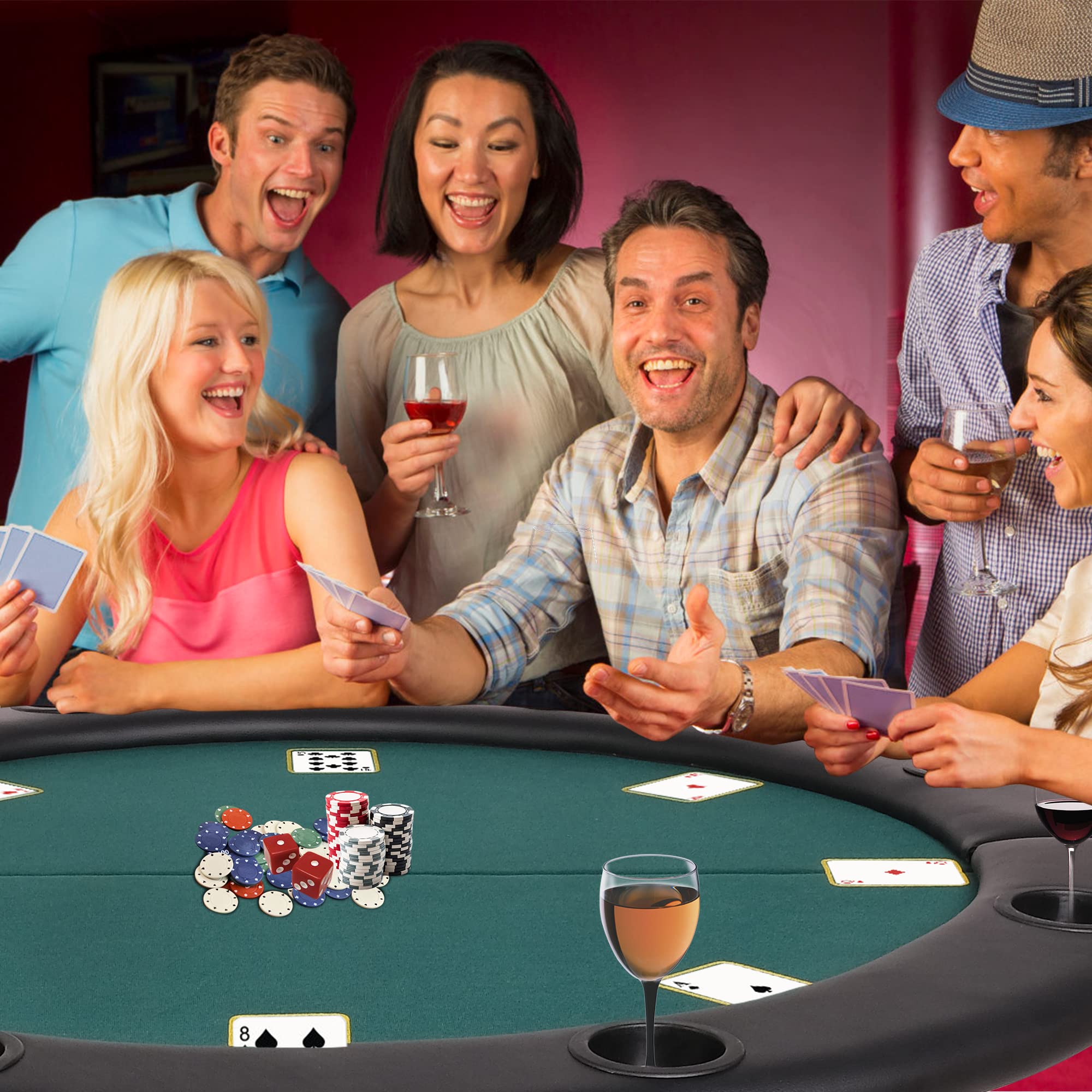 Premium 8-Player Round Folding Poker Table with Cup Holders - Casino Grade Green Felt Surface for Texas Hold'em & Blackjack | Perfect for Game Nights, Casino Parties & Home Poker Tournaments