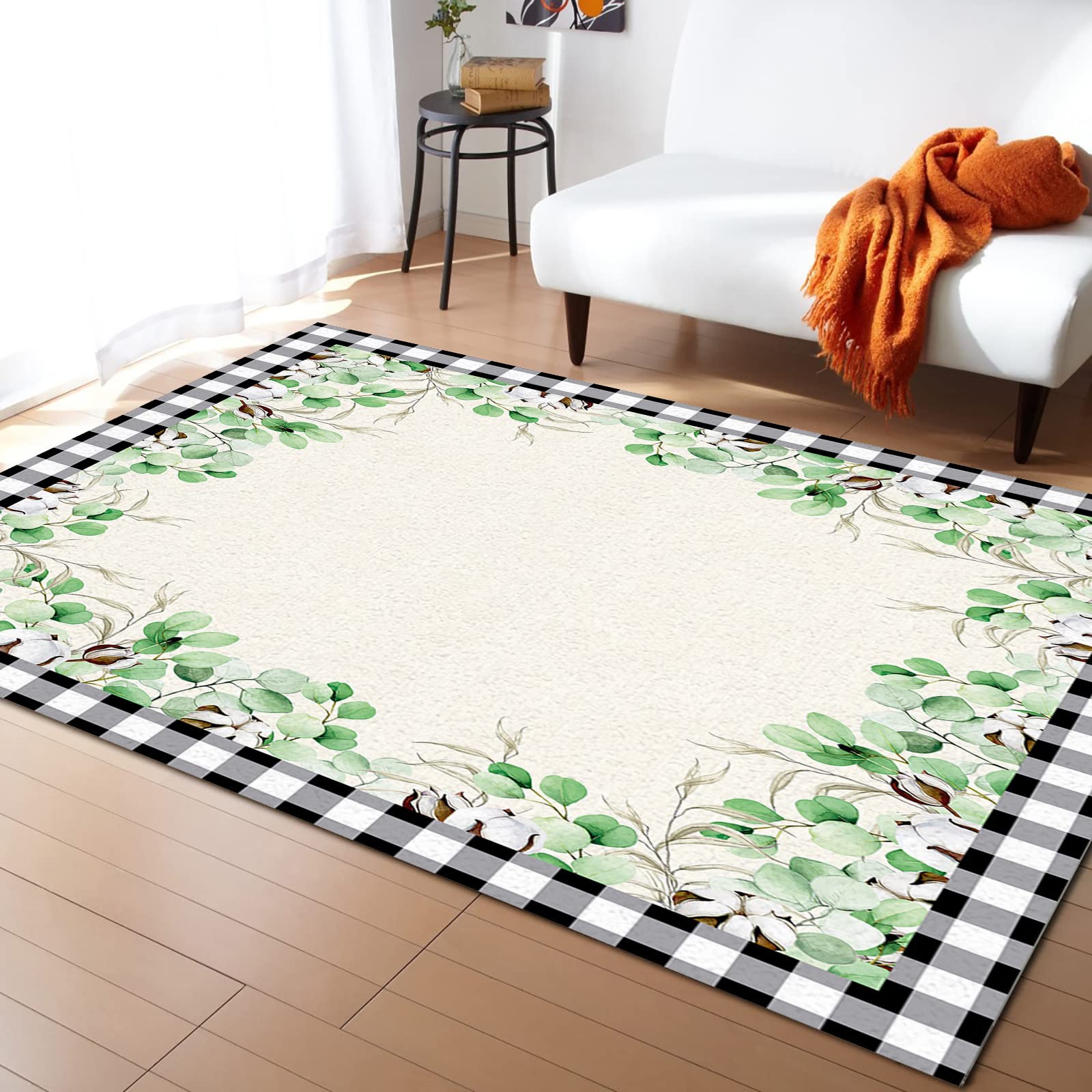Eucalyptus Leaves Buffalo Plaid Border Area Rug - Non-Slip Indoor Door Mat for Living Room, Bedroom, Entryway | Spring Summer Home Decor, Modern Contemporary Floor Carpet for Cozy Home Atmosphere