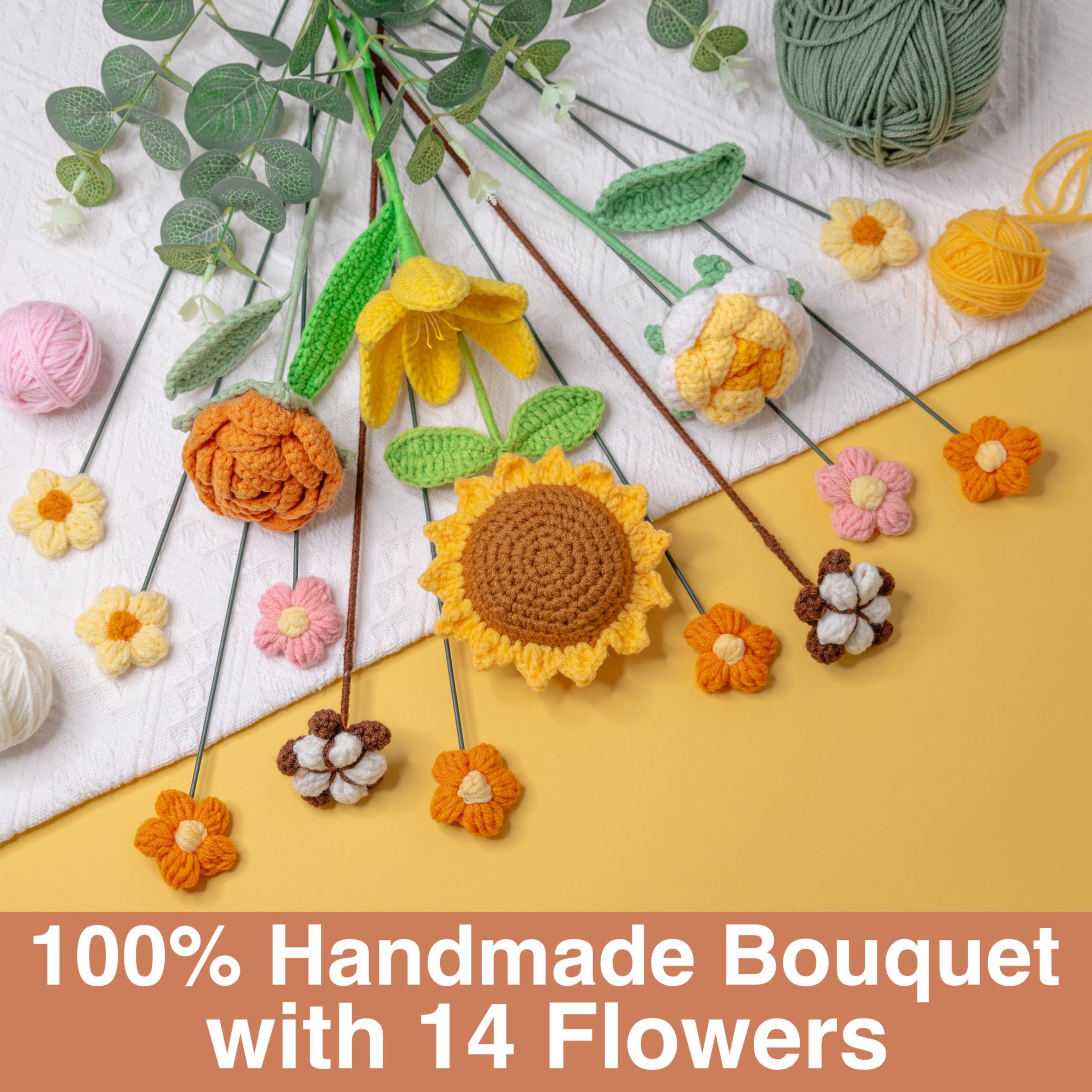 Handmade Crochet Flower Bouquet - 14-Piece Set with Sunflowers, Roses & Tulips - Perfect Gift for Birthday, Anniversary, Graduation & Wedding - Home Decor & Party Decoration (Yellow)