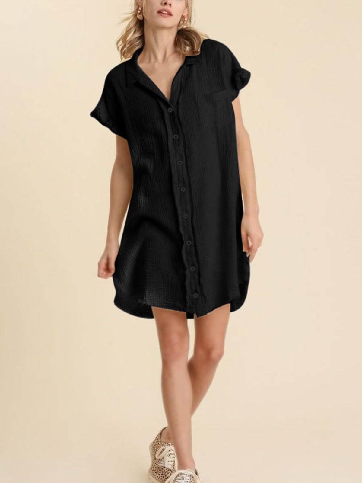 Women's Oversized Cotton Button Down Shirt - Short Sleeve Tunic Dress with Pockets | Beach Cover Up, Casual Blouse Top for Summer Outings & Vacation Wear