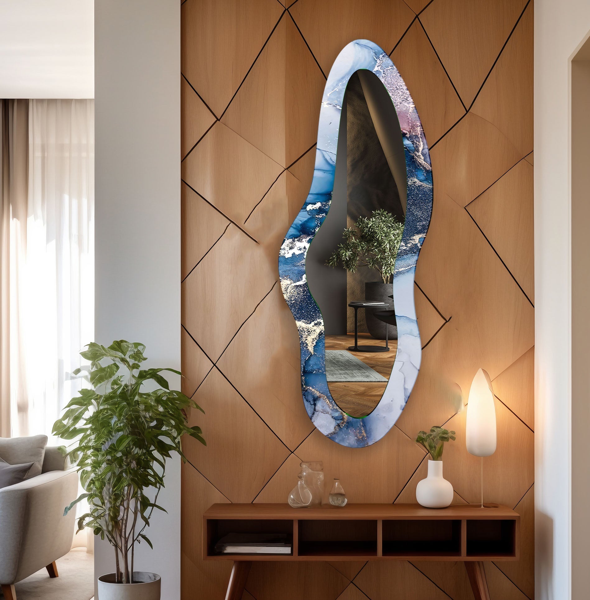 Blue Alcohol Ink Aesthetic Wall Mirror - Handmade Boho Decor for Bedroom, Living Room & Bathroom - Unique Home Wall Art for Modern Interior Design