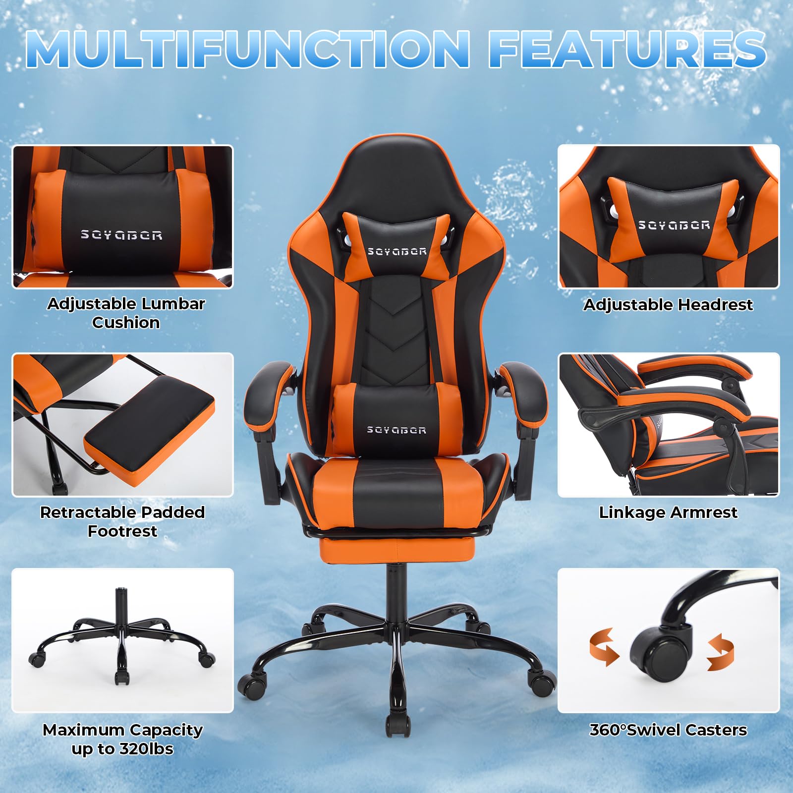 Ergonomic Gaming Chair with Footrest & Massage - PU Leather Computer Desk Chair, Adjustable High Back Office Swivel Recliner for Adults - Perfect for Esports, Home Office & Console Gaming Sessions