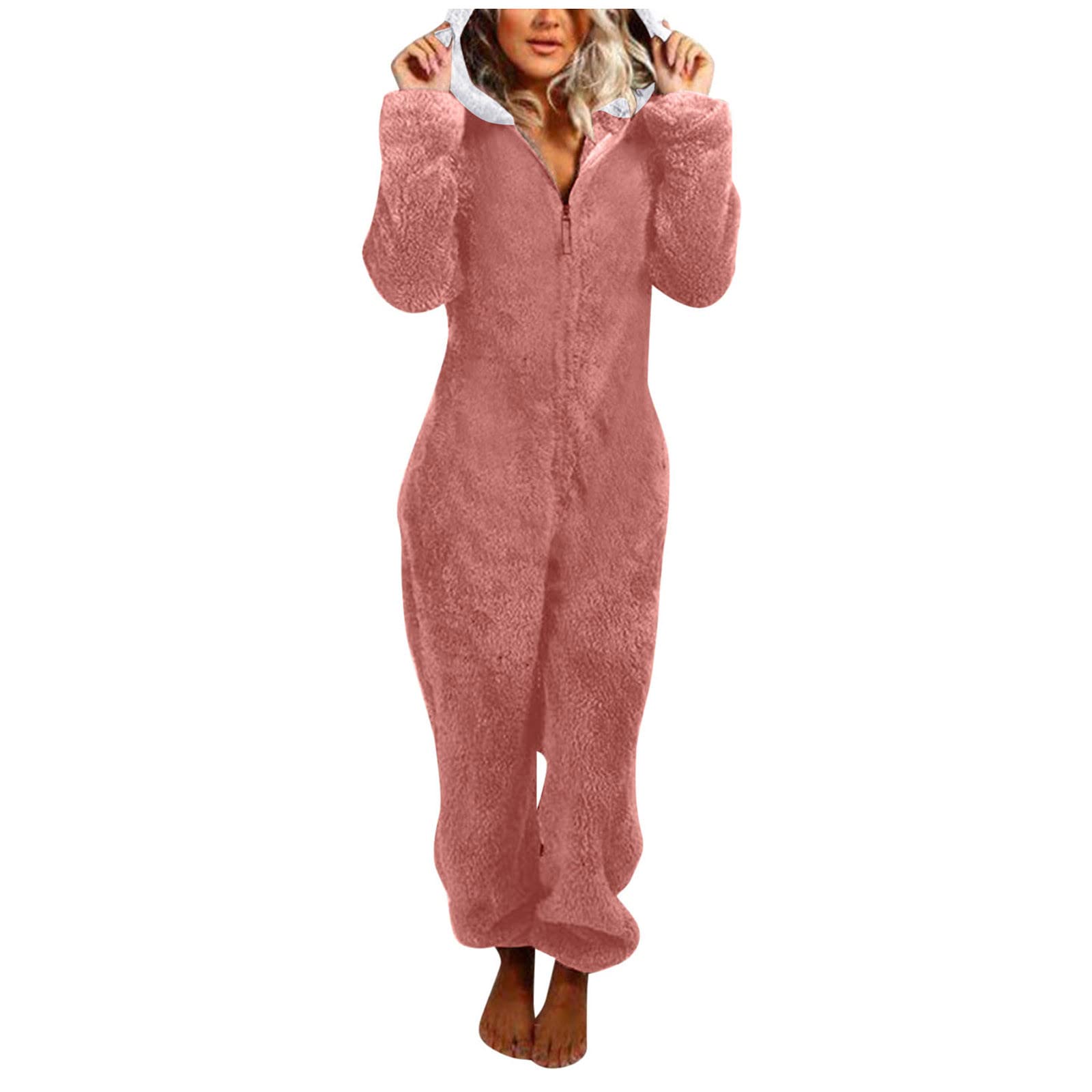 UNIROSE Women's Winter Sleepwear Set - Long Sleeve Hooded Jumpsuit Pajamas with Black Lace Trim, Warm Fleece Loungewear for Cold Nights - Perfect for Christmas, Valentine's Day Gifts & Cozy Home Relaxation
