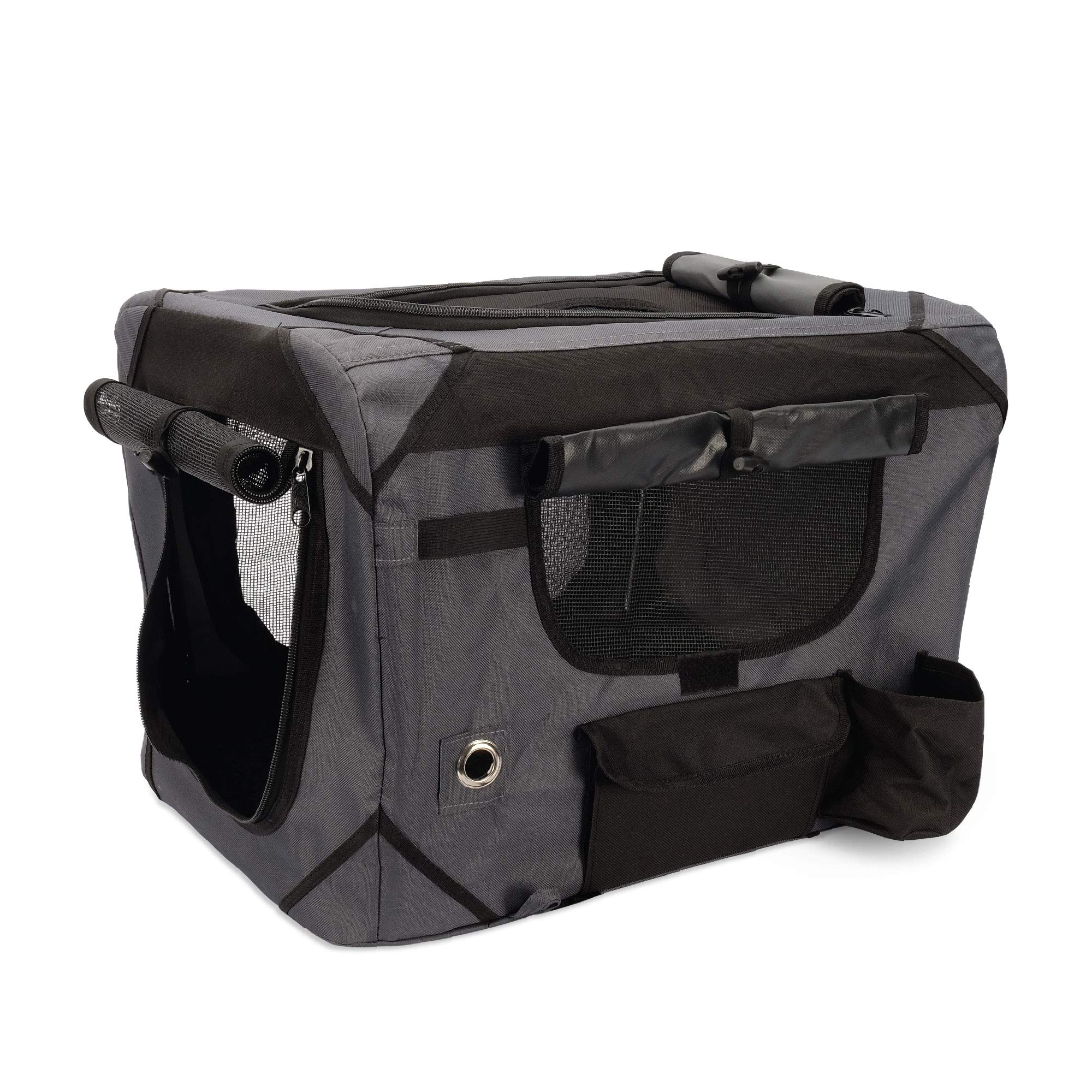 ZEUS Deluxe Soft Pet Crate with Storage Case - Large Grey/Black Dog Crate for Travel, Training & Home Use - Portable Collapsible Kennel for Dogs & Cats