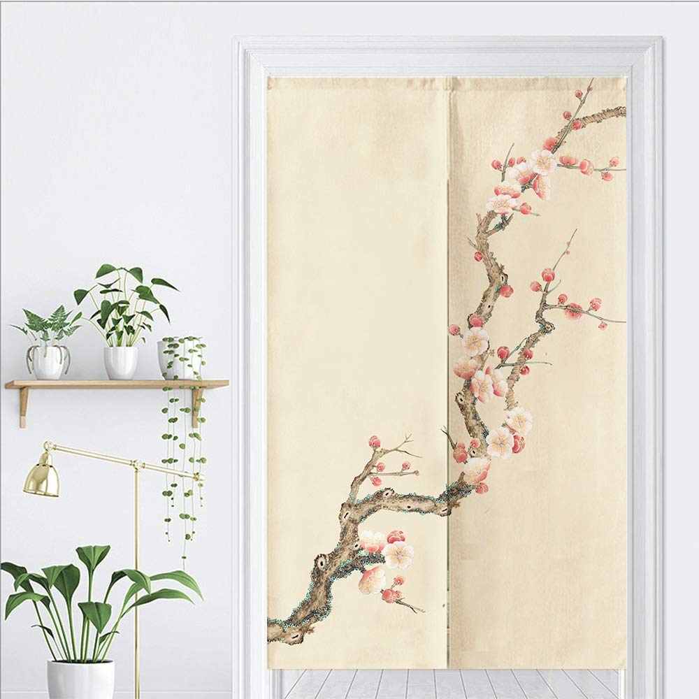 Japanese Floral Noren Door Curtain - Handmade Linen Fabric Kitchen Partition & Bistro Decor - 33.5