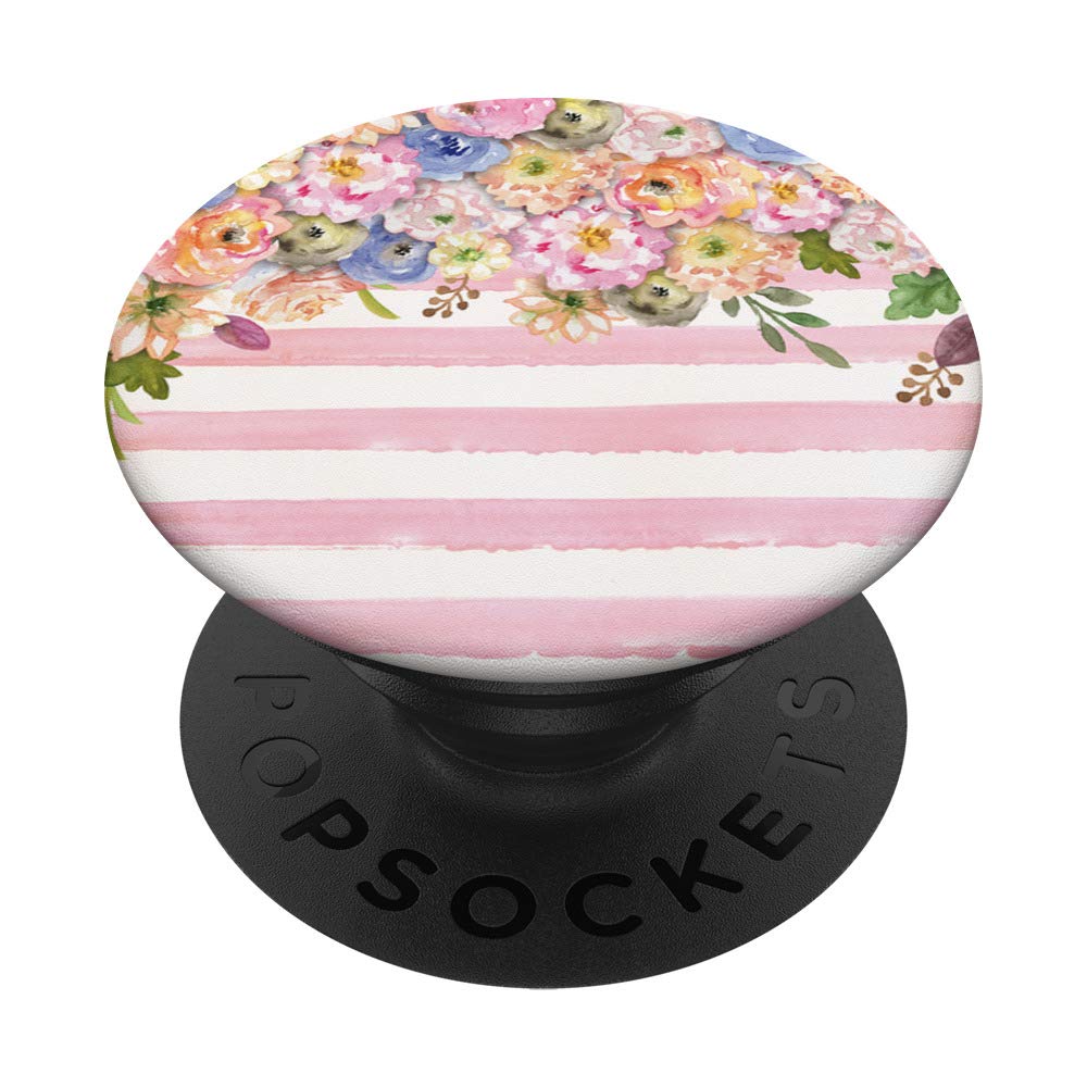 Pink Stripes Floral Design PopSocket - Phone Grip & Stand for iPhone, Samsung, Smartphones - Perfect for Selfies, Videos, and Hands-Free Use