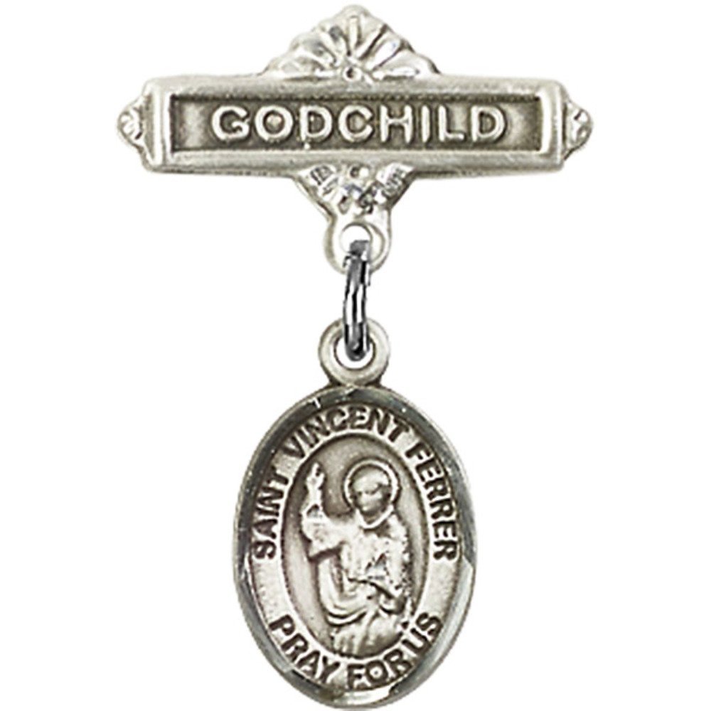 St. Vincent Ferrer Sterling Silver Baby Badge Pin - 1 X 5/8 Inch Godchild Charm for Christening, Baptism & First Communion Gifts