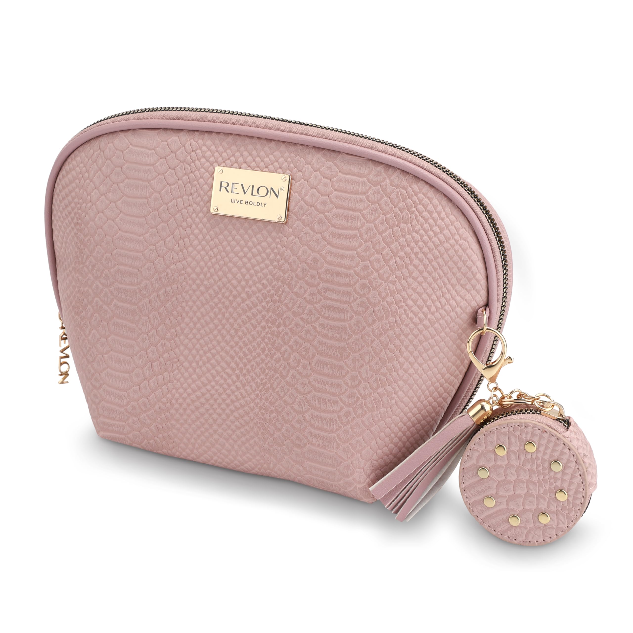 REVLON Croc Embossed Makeup Pouch - Small Travel Cosmetic Bag with Tassel & Mirror Keychain, Mini Makeup Organizer with Pockets - Perfect for Women's Toiletries, Travel Essentials & Teen Girls' Gifts (Rose) | Great for Daily Use, Vacation Trips & Birthday Presents