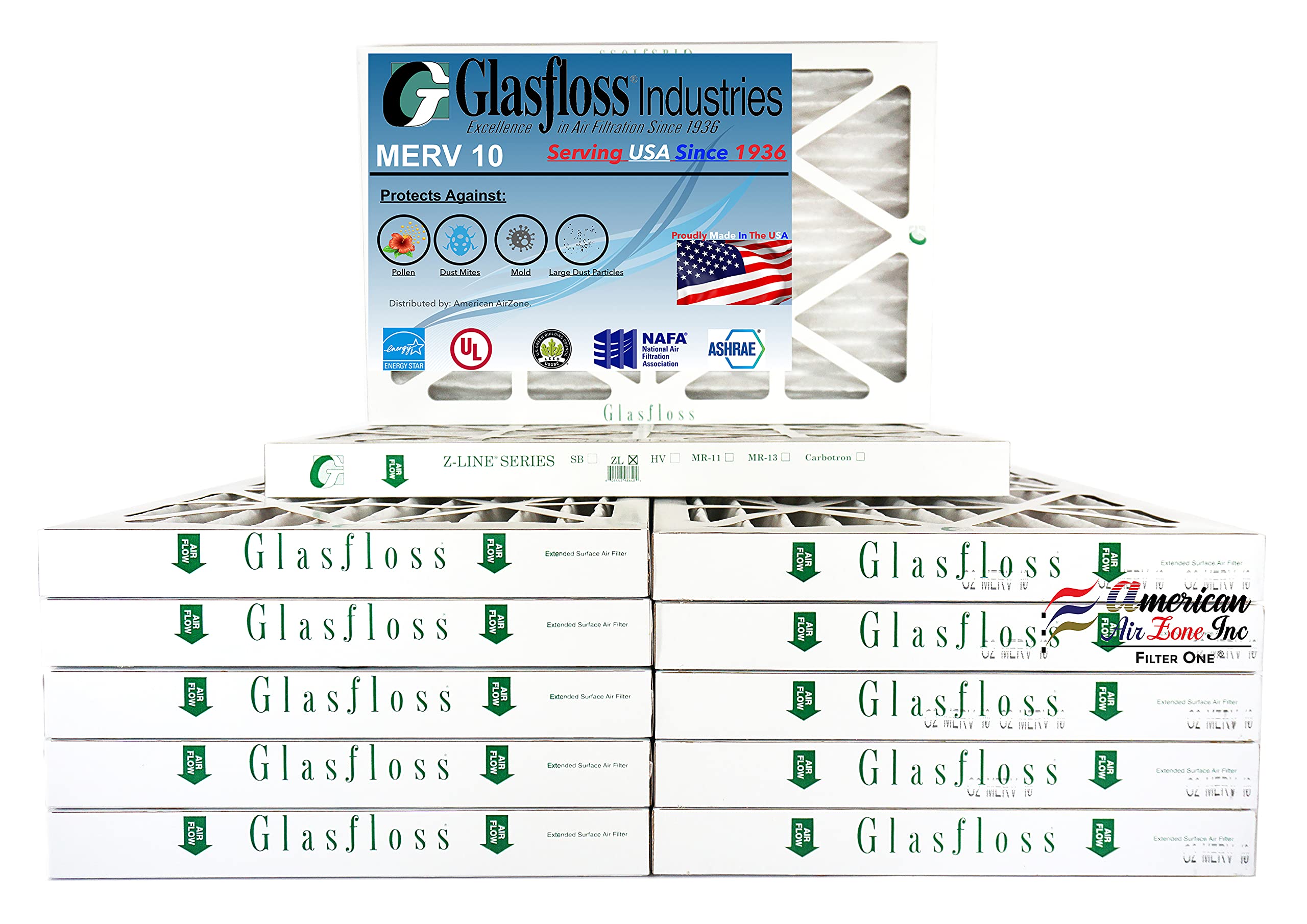 16x25x2 Glasfloss ZLP MERV 10 Air Filter - 12 Pack for HVAC Systems, Furnaces & AC Units - Improves Indoor Air Quality & Reduces Dust