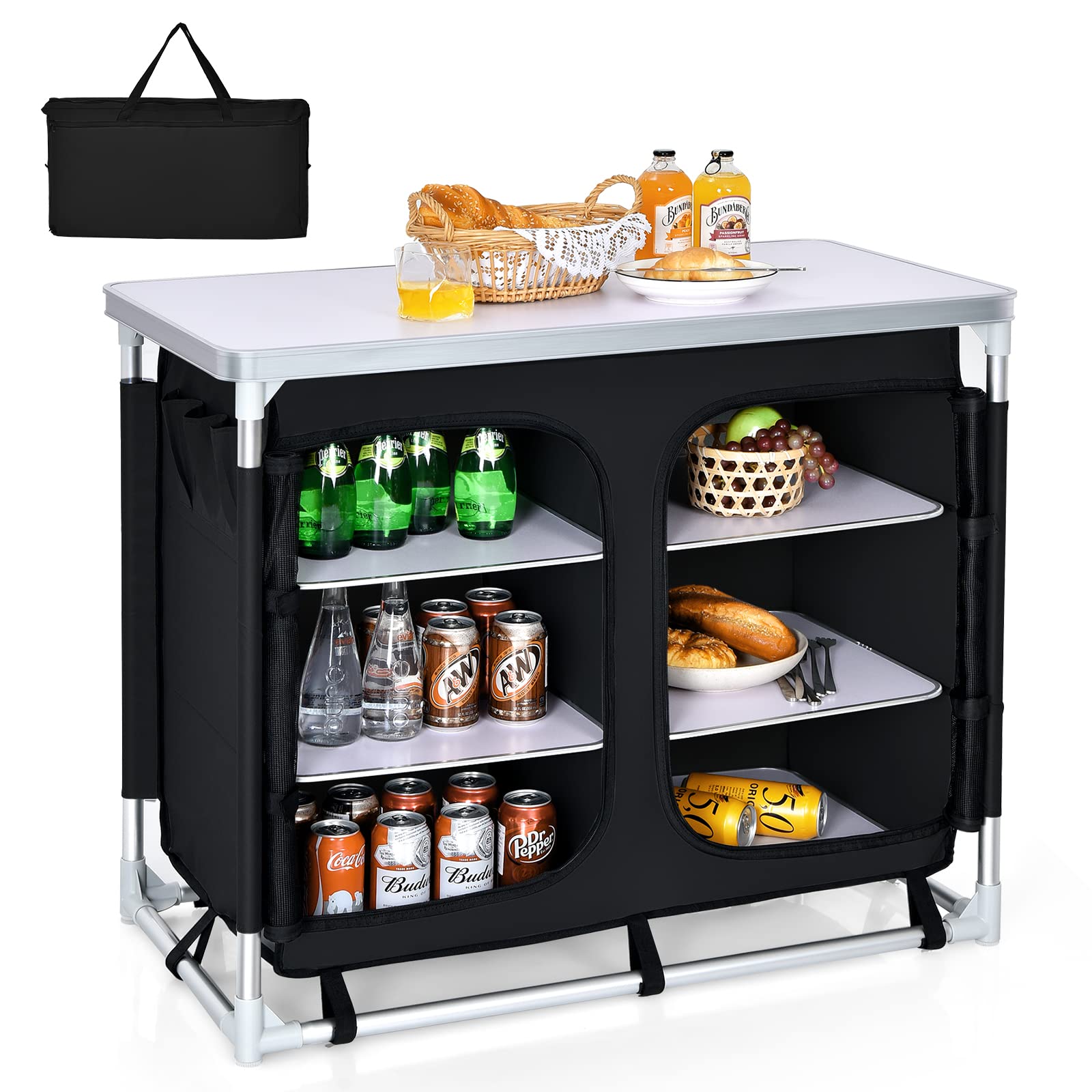 GYMAX Aluminum Folding Camping Table with Storage Organizer & Carry Bag - Portable Outdoor Cook Table for BBQ, Picnic, Backyard Grill, Hiking & Tailgating (Black) | Compact & Lightweight for Easy Transport & Setup